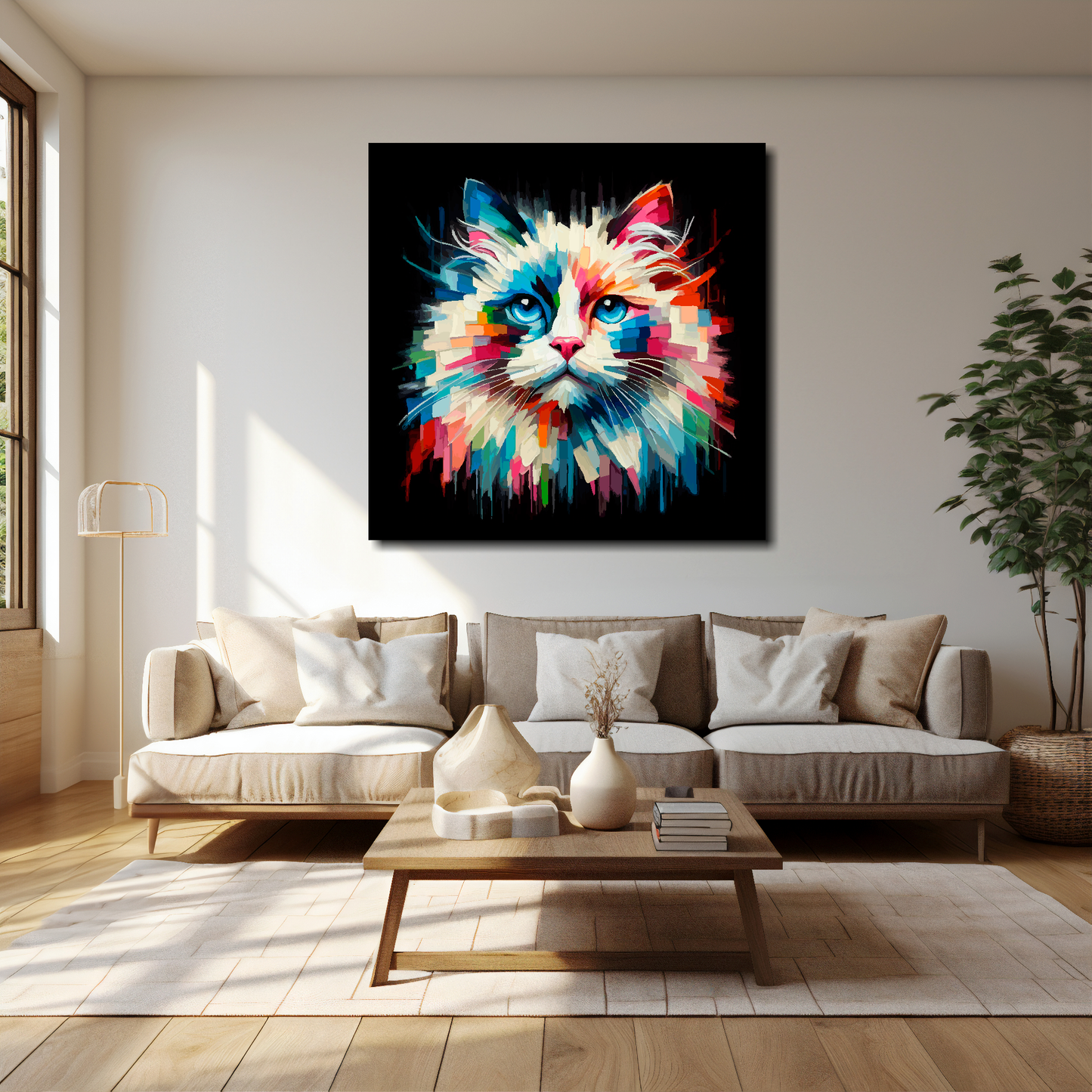 Ragdoll cat canvas 40x40 inches above cream sofa - XL vibrant cat wall art UK