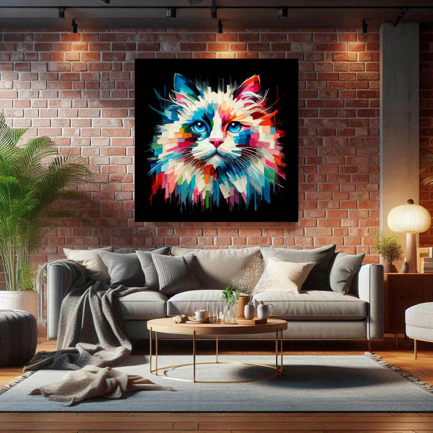 Large Ragdoll cat canvas on brick wall above grey sofa - bold cat portrait UK living room