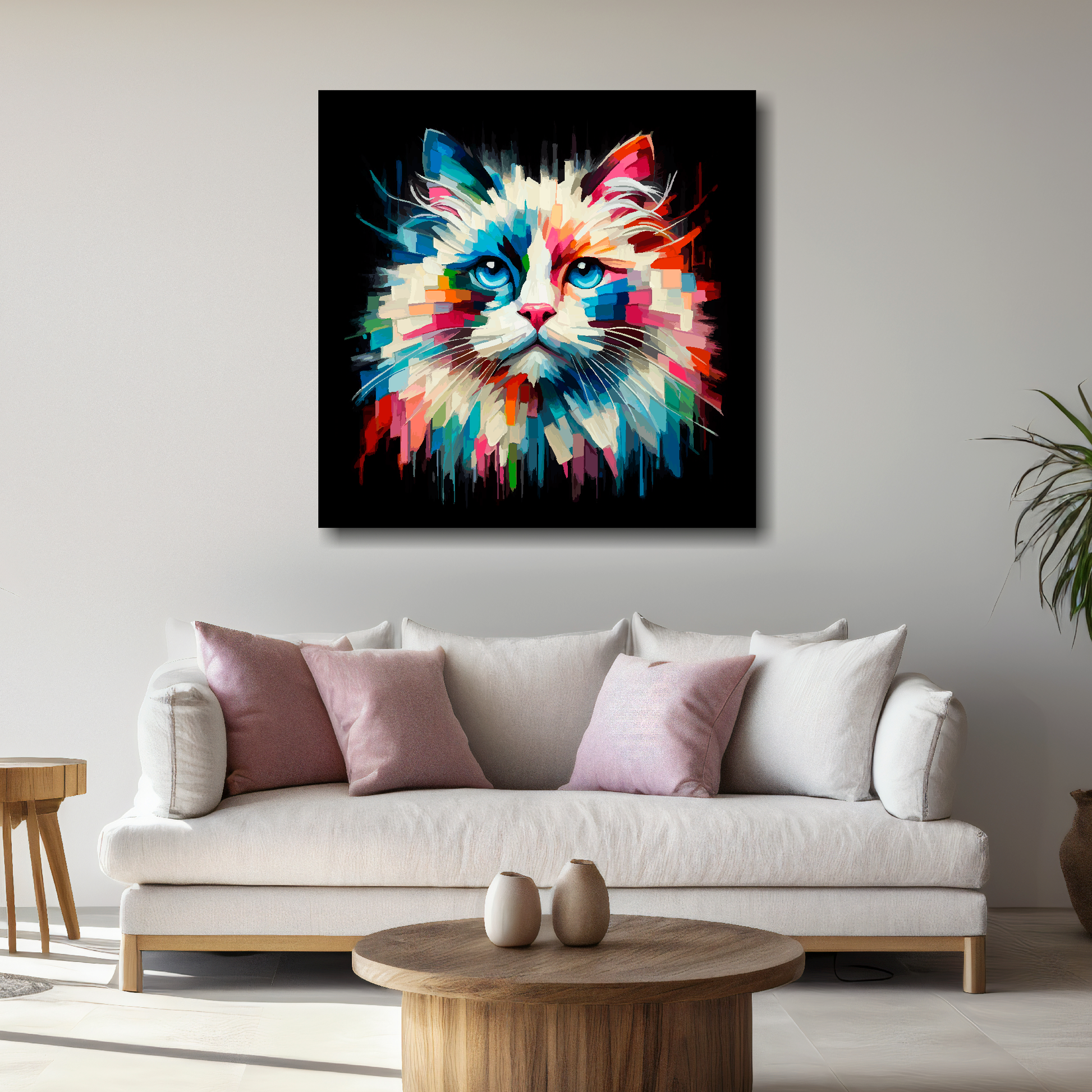 Large Ragdoll cat canvas above white sofa - vibrant abstract cat portrait wall art UK