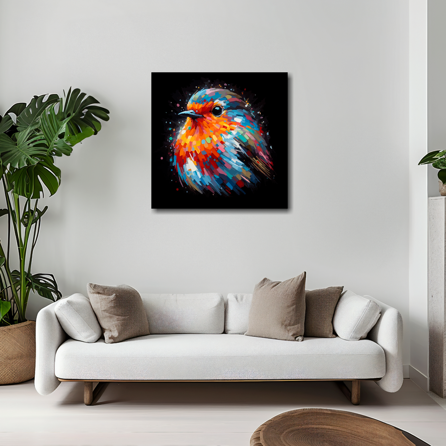 Robin canvas 20x20 inches above white sofa - vibrant bird portrait wall art UK
