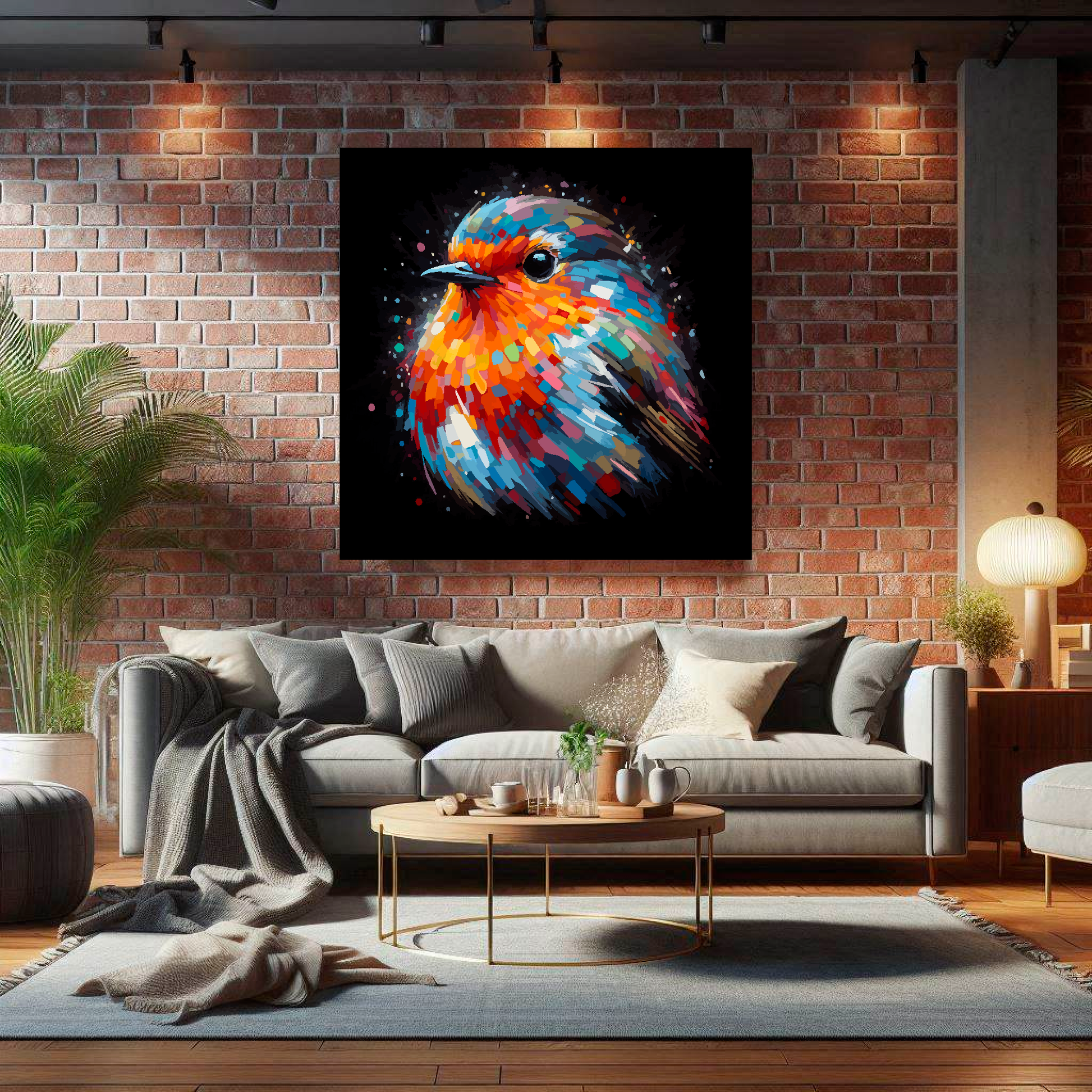 Large Robin canvas on brick wall above grey sofa - bold bird portrait UK living room