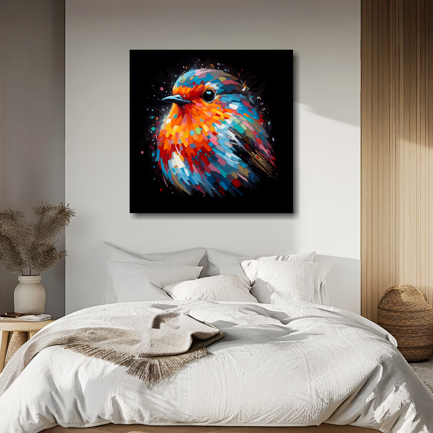 Robin portrait canvas above bed - colourful bird wall decor for UK bedrooms