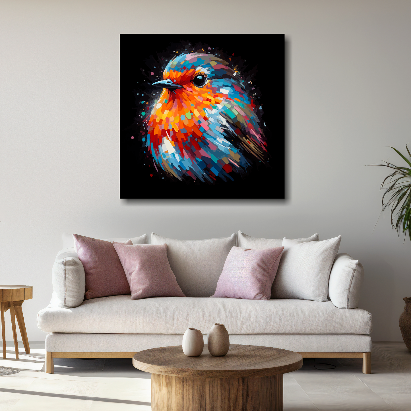 Large Robin canvas above white sofa - vibrant abstract bird portrait wall art UK