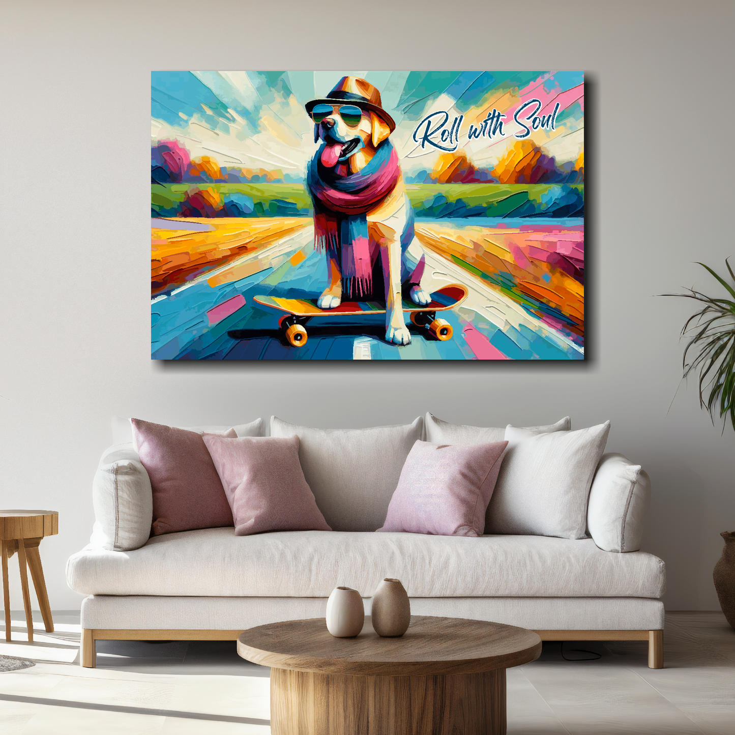Large roll with soul canvas above white sofa - vibrant Labrador retro wall art UK