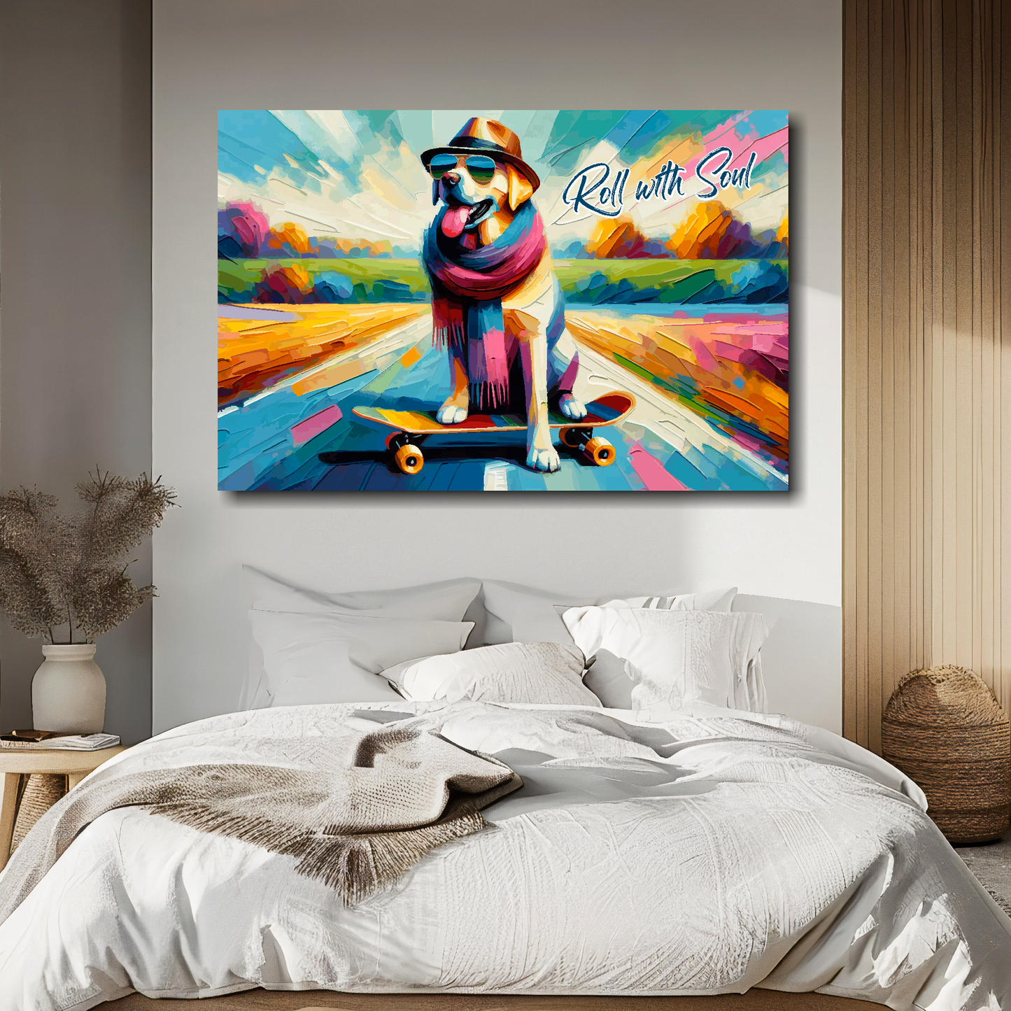 Roll with soul canvas above bed - colourful retro wall decor for UK bedrooms