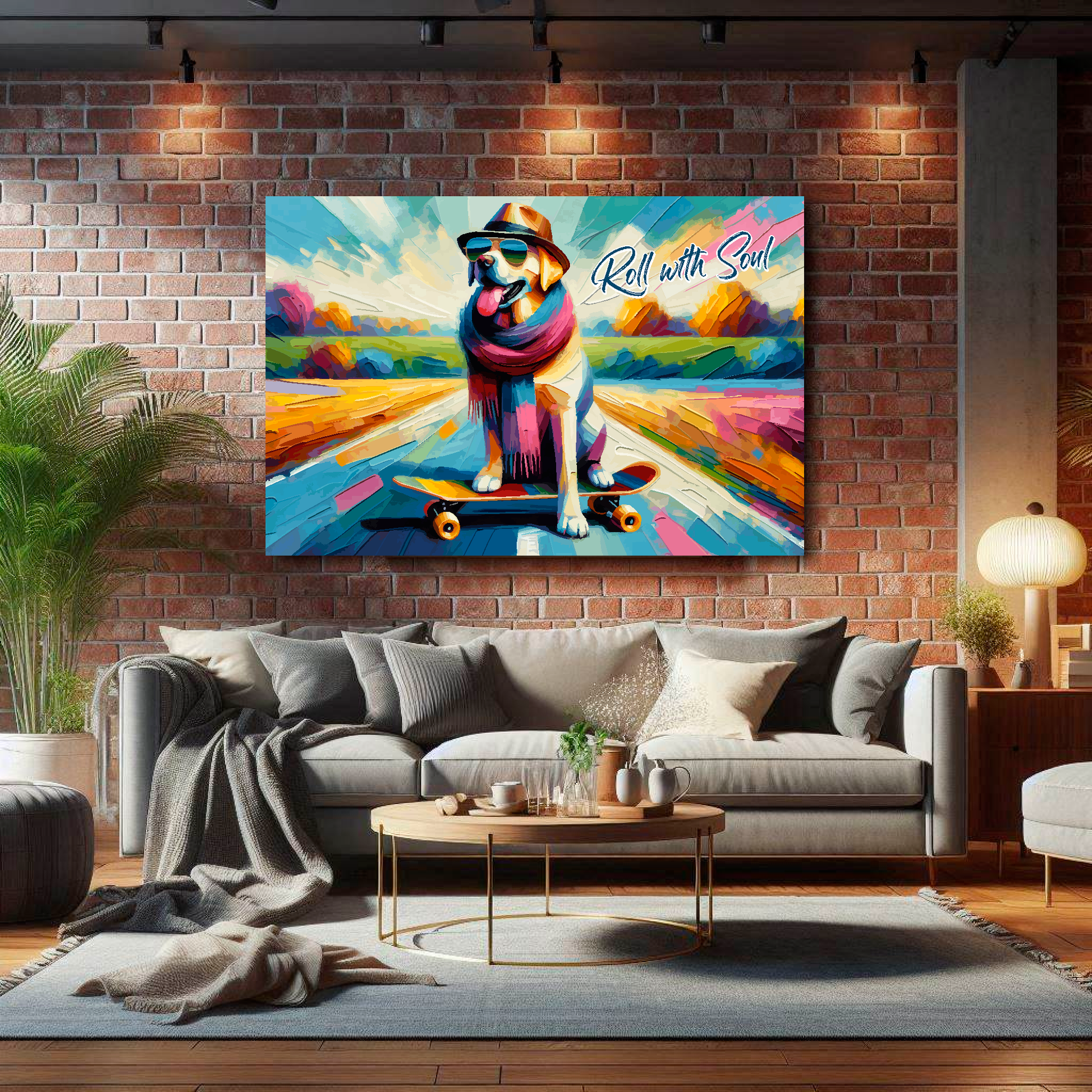 Large roll with soul canvas on brick wall above grey sofa - bold retro art UK living room