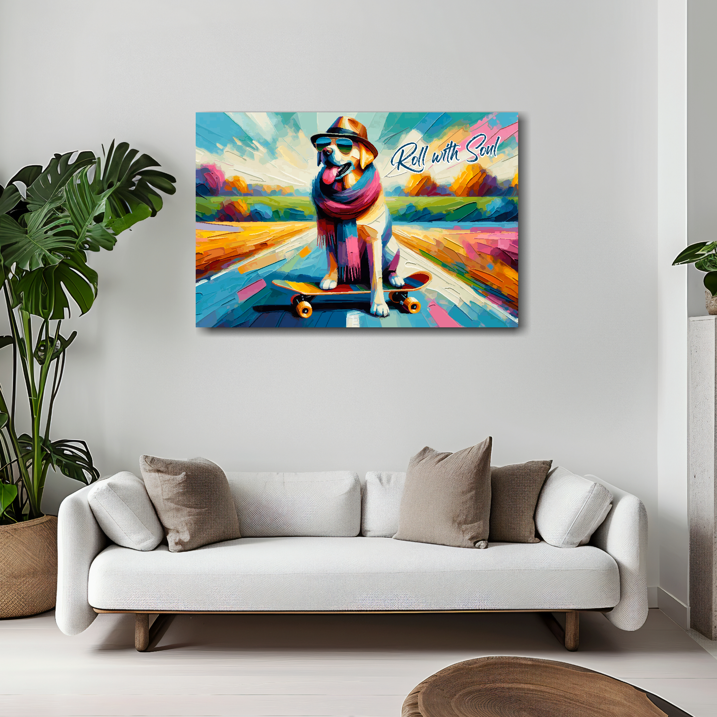 Roll with soul canvas 30x20 inches above white sofa - vibrant retro wall art UK
