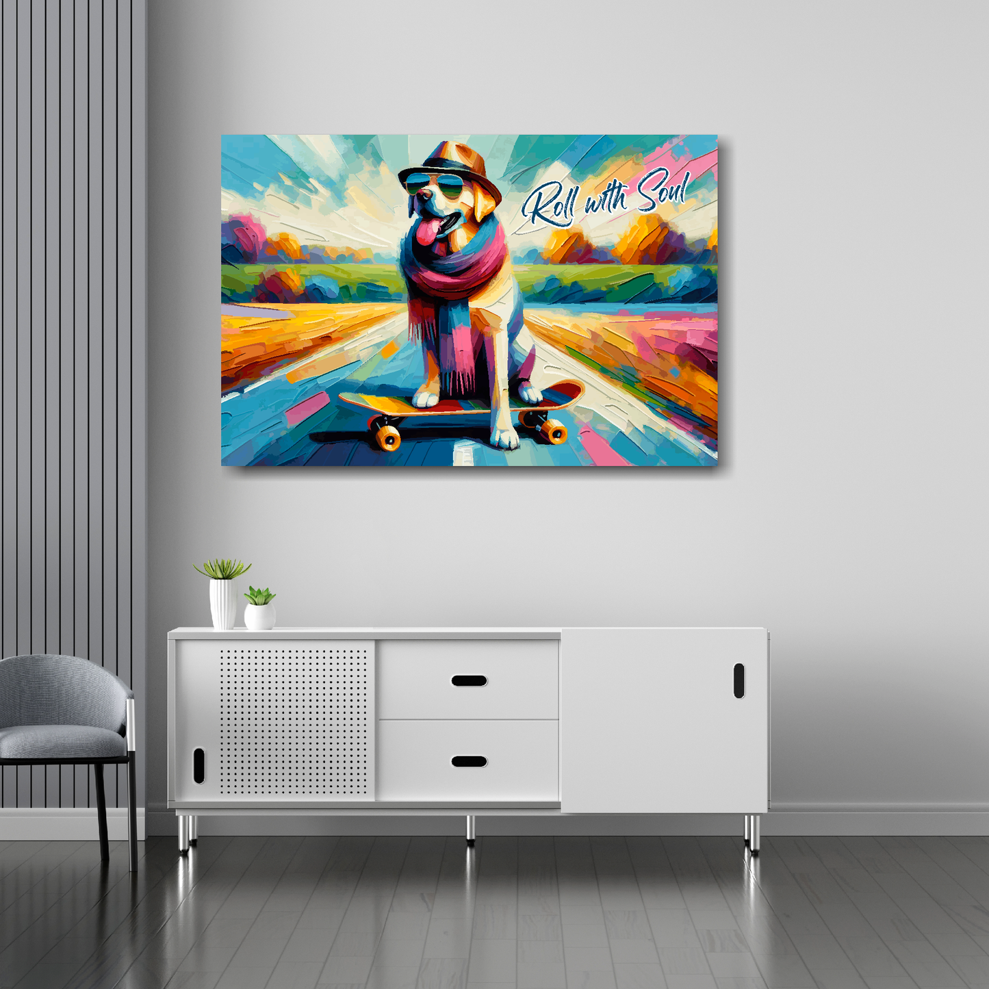 Roll with soul canvas 36x24 inches above sideboard - large colourful labrador art UK made