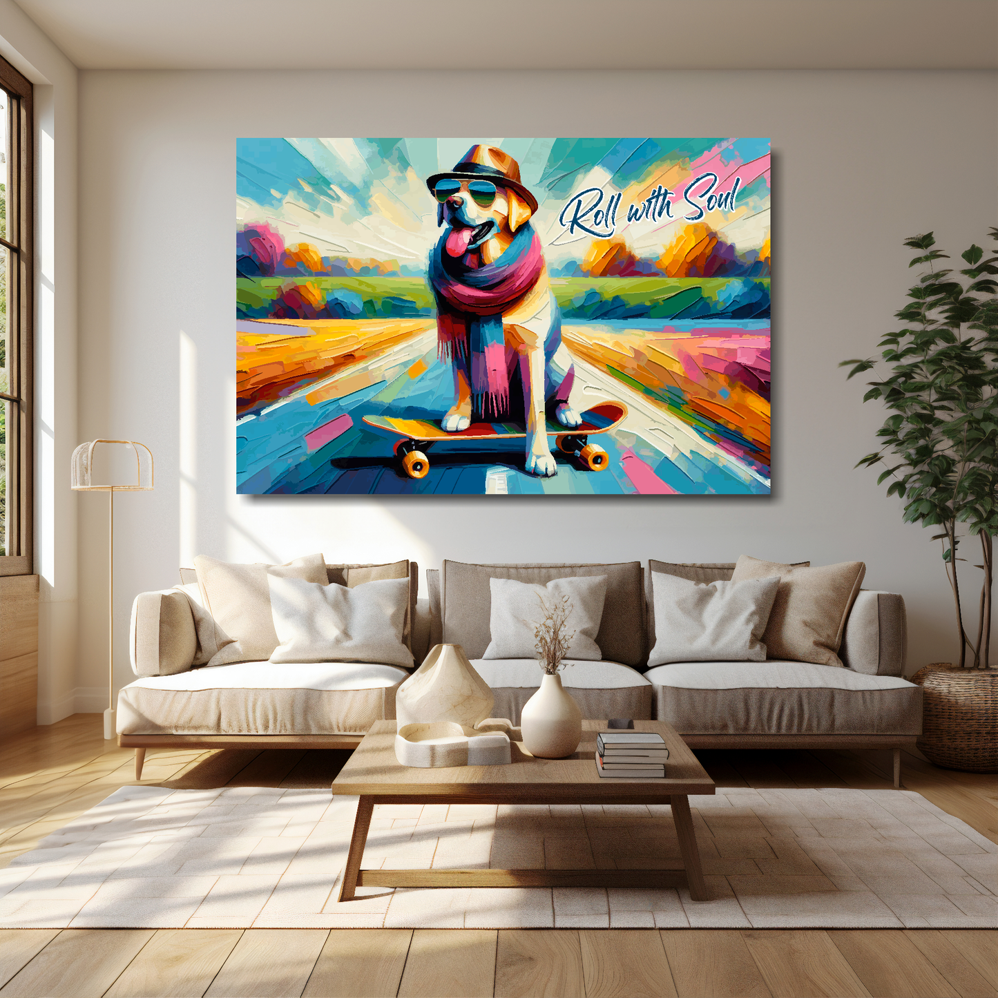 Roll with soul canvas 60x40 inches above cream sofa - XL Labrador retro wall art UK
