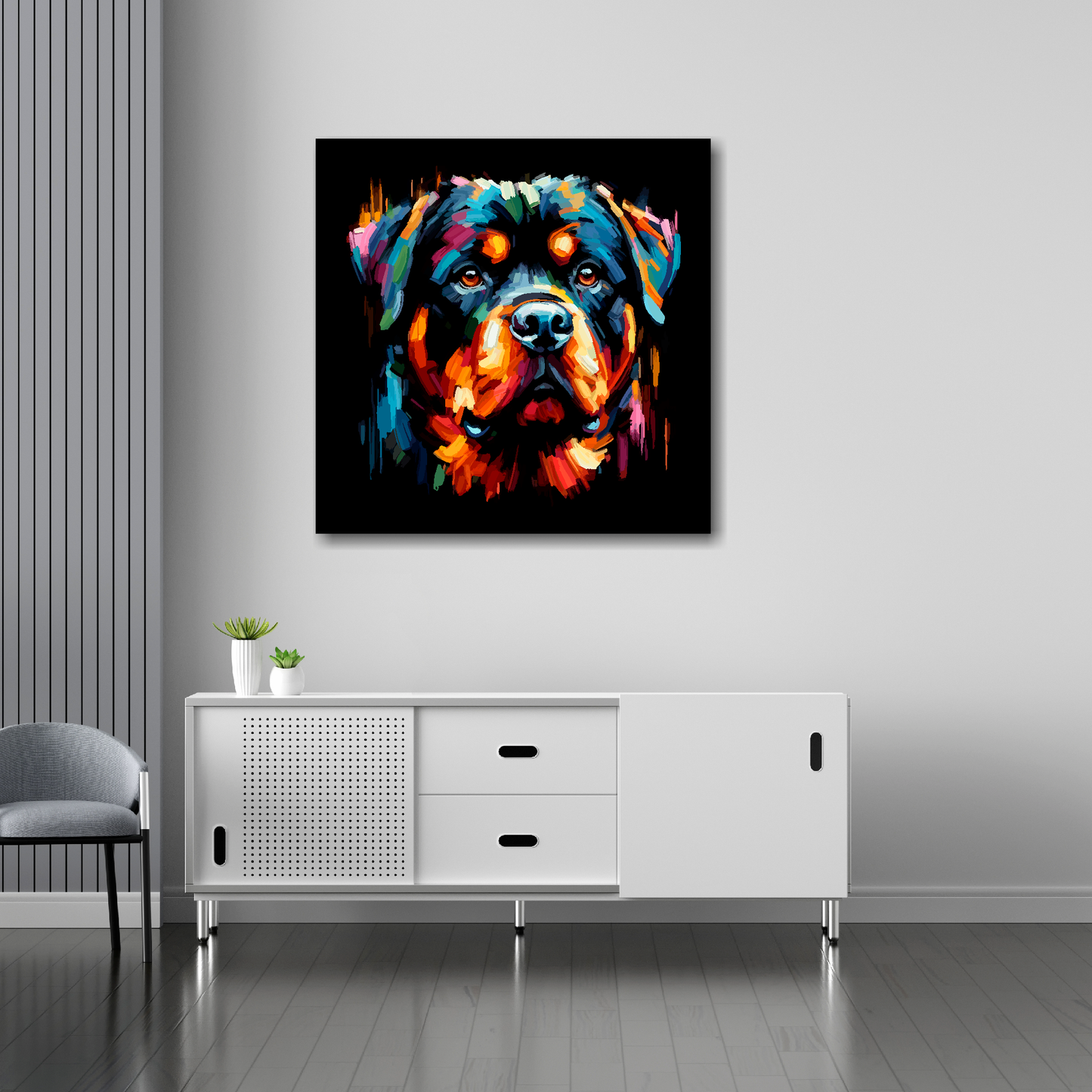 Rottweiler canvas 30x30 inches above sideboard - large colourful dog portrait UK made
