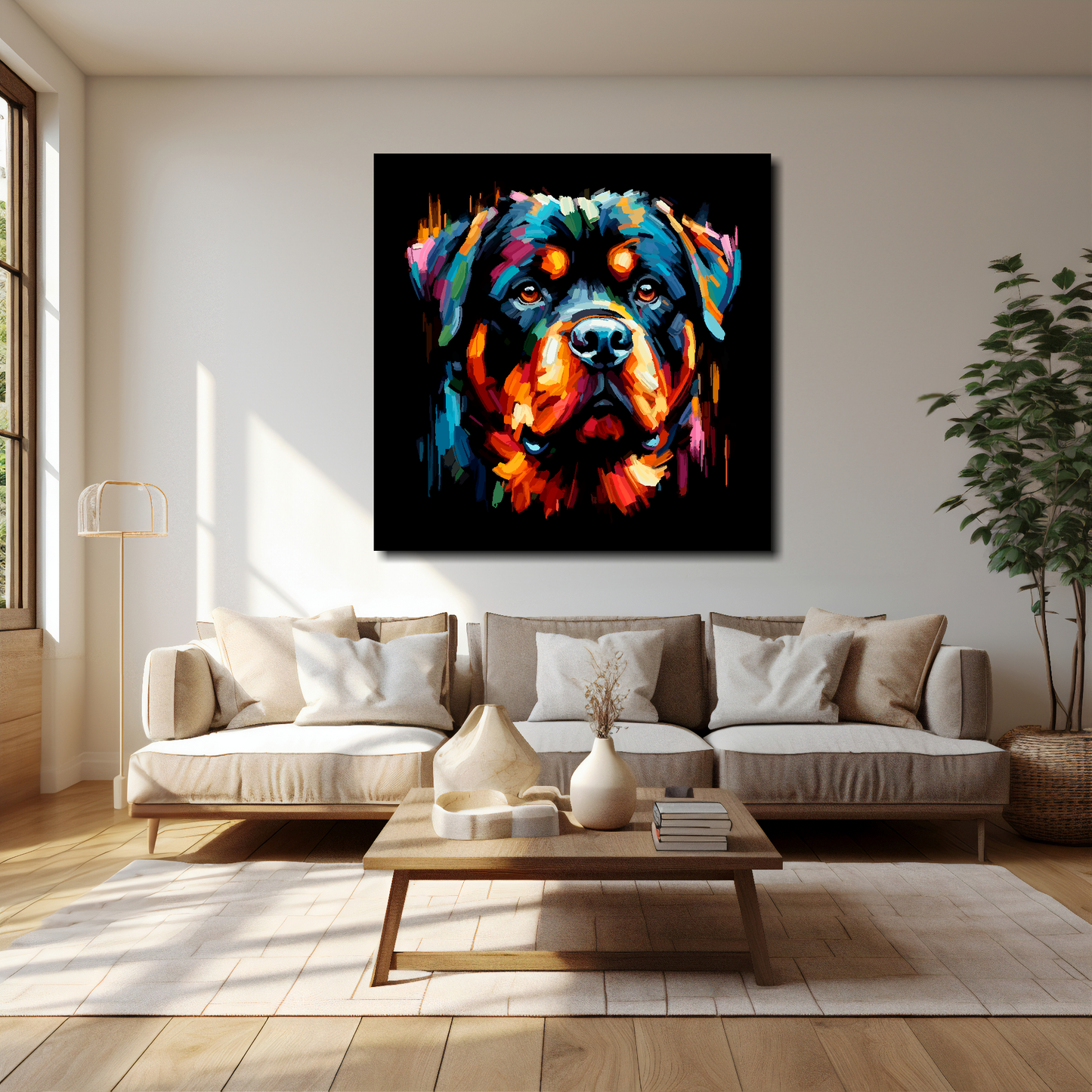 Rottweiler canvas 40x40 inches above cream sofa - XL vibrant dog wall art UK
