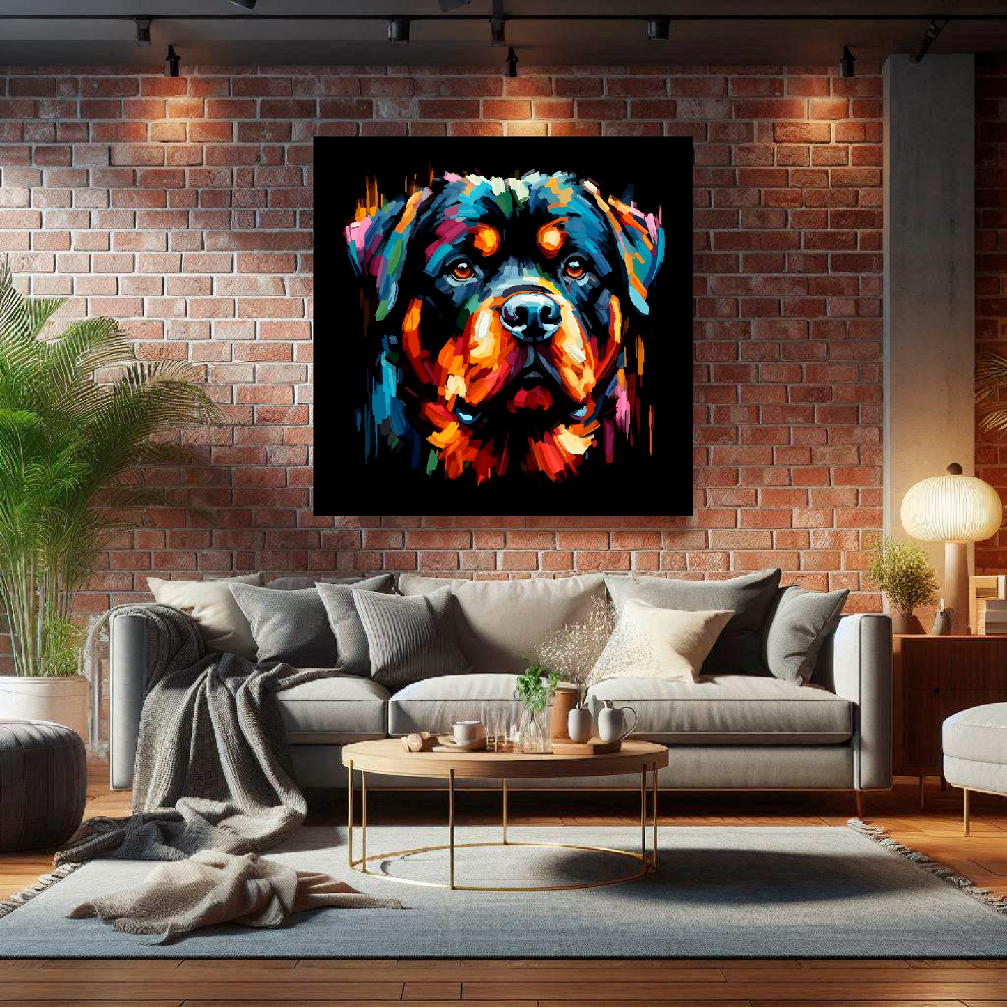 Large Rottweiler canvas on brick wall above grey sofa - bold dog portrait UK living room