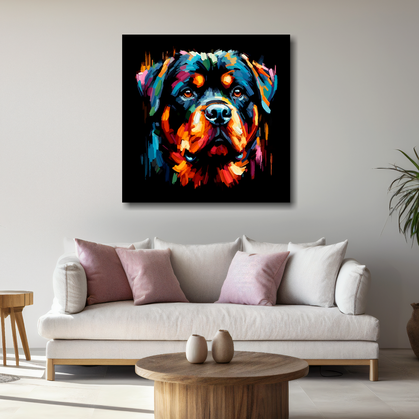 Large Rottweiler canvas above white sofa - vibrant abstract dog portrait wall art UK