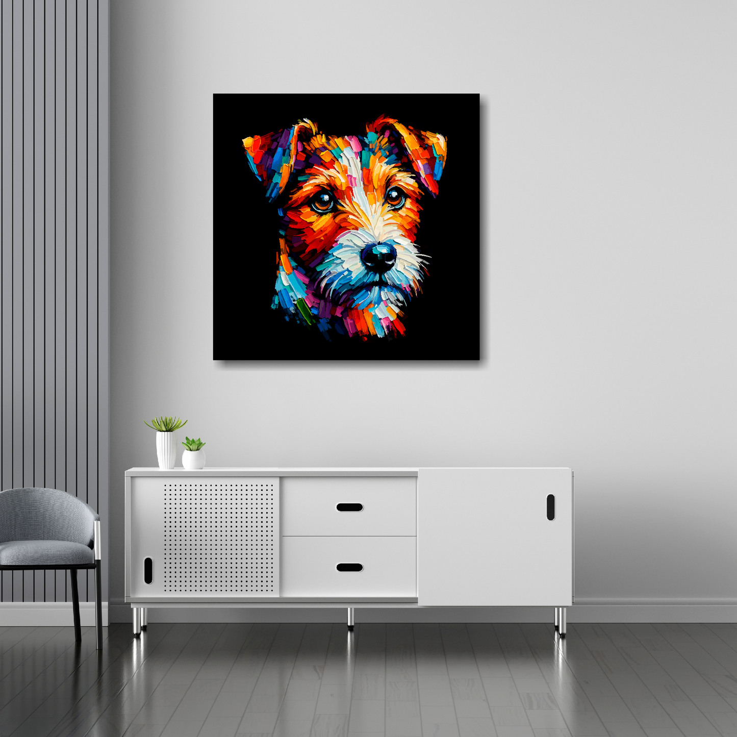 Russell Terrier canvas 30x30 inches above sideboard - large colourful dog portrait UK made