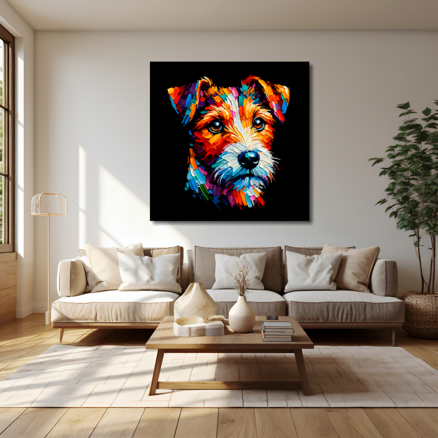 Russell Terrier canvas 40x40 inches above cream sofa - XL vibrant dog wall art UK