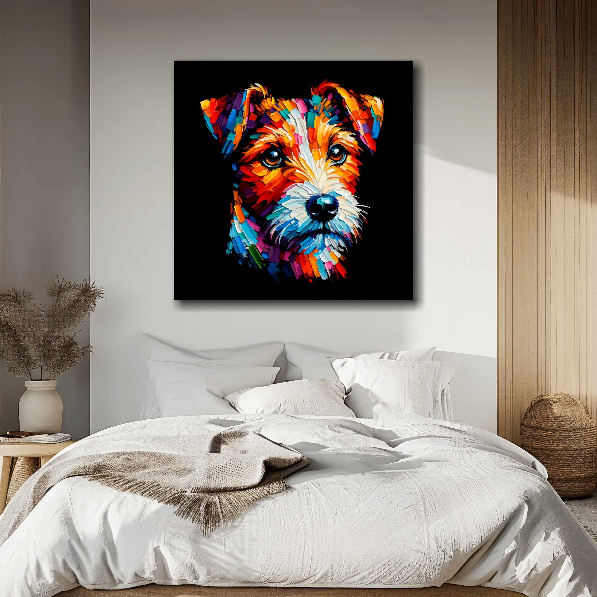 Russell Terrier portrait canvas above bed - colourful dog wall decor for UK bedrooms