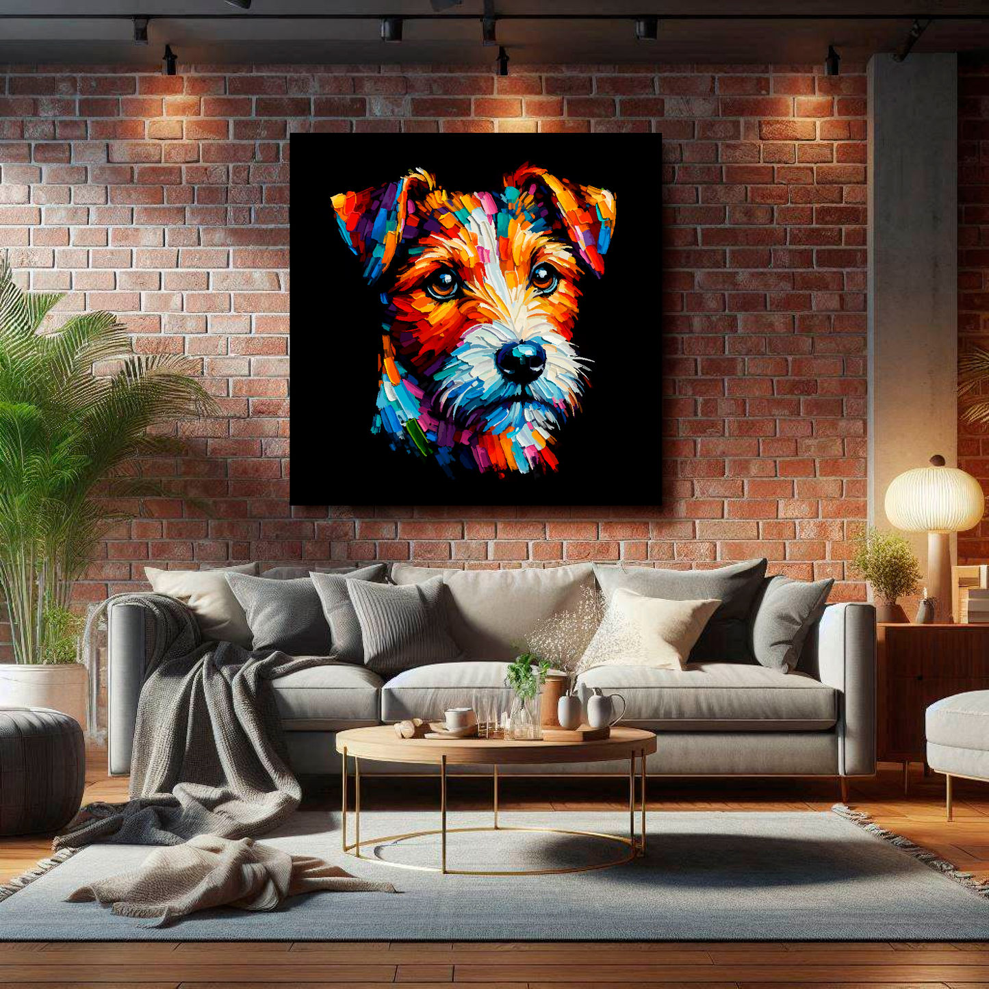 Large Russell Terrier canvas on brick wall above grey sofa - bold dog portrait UK living room