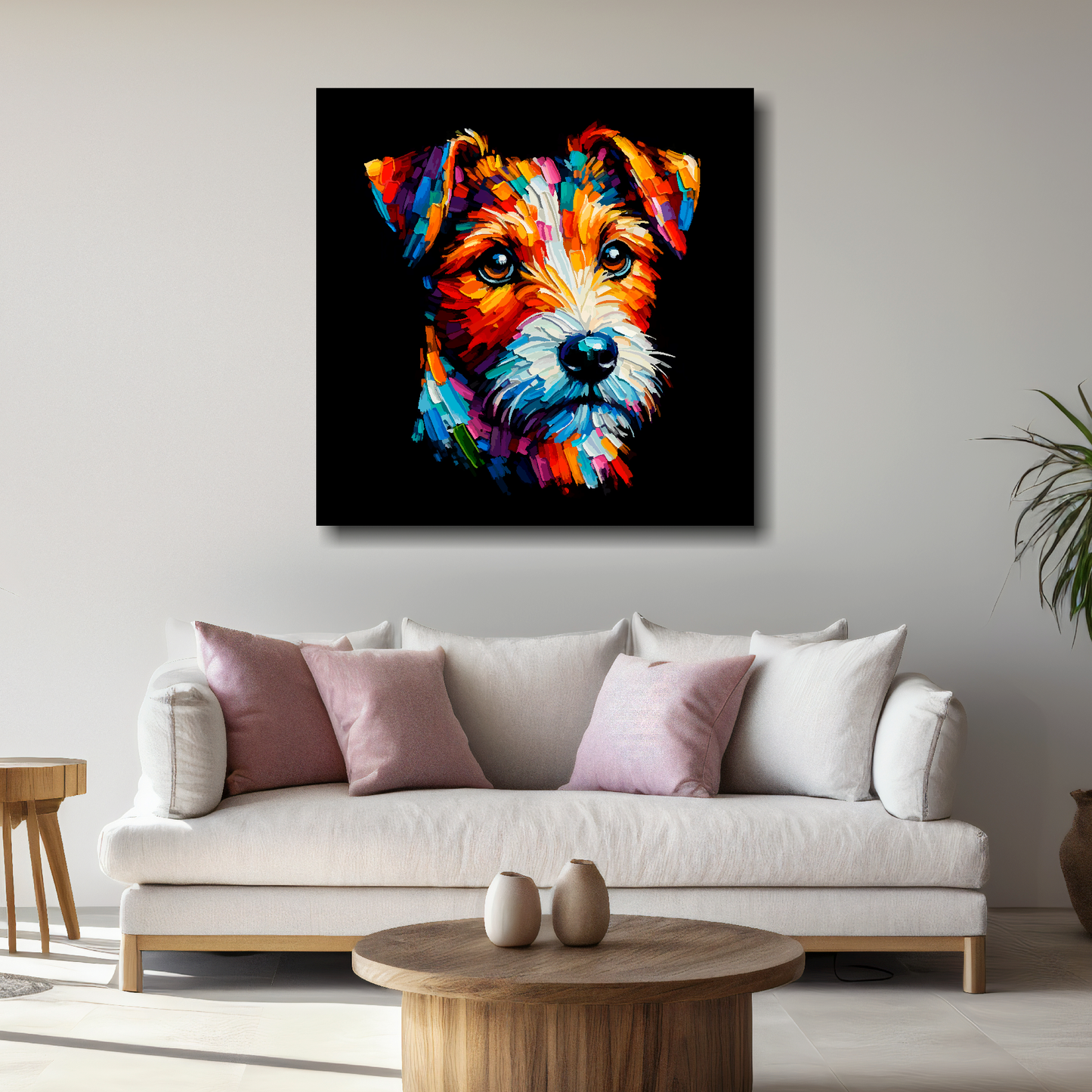 Large Russell Terrier canvas above white sofa - vibrant abstract dog portrait wall art UK