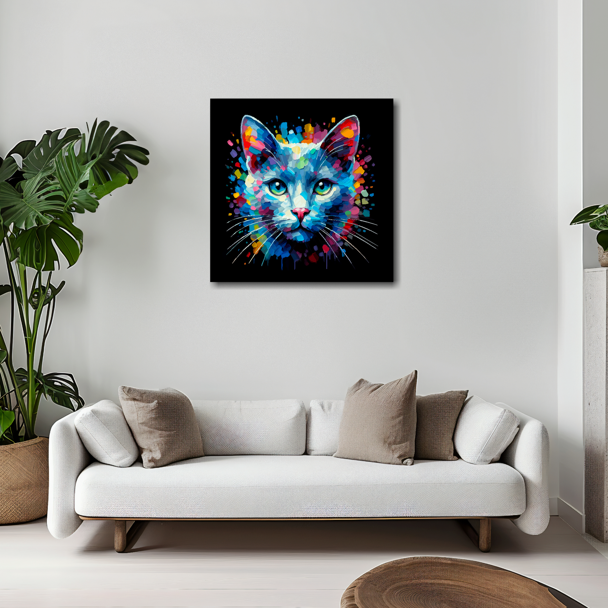 Russian Blue cat canvas 20x20 inches above white sofa - vibrant cat portrait wall art UK