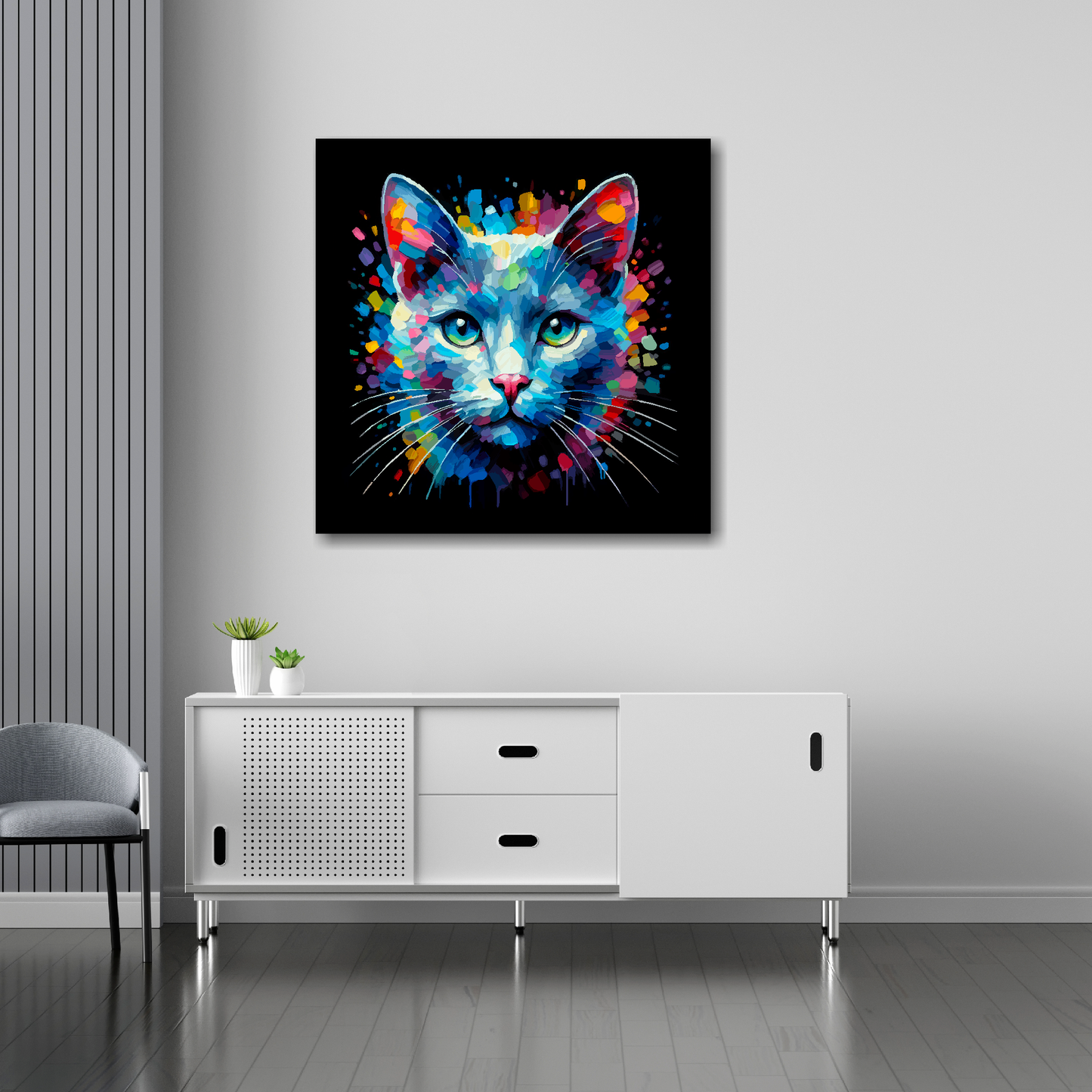 Russian Blue cat canvas 30x30 inches above sideboard - large colourful cat portrait UK made