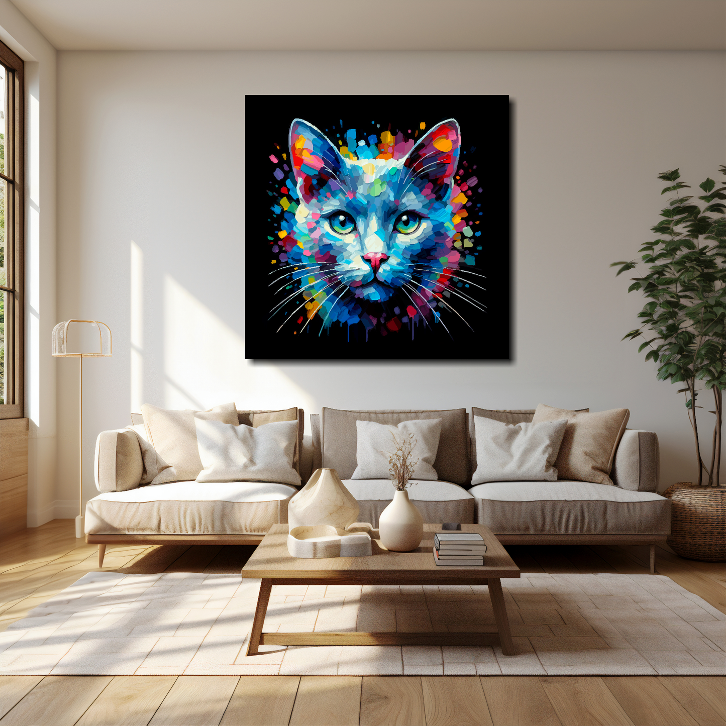 Russian Blue cat canvas 40x40 inches above cream sofa - XL vibrant cat wall art UK