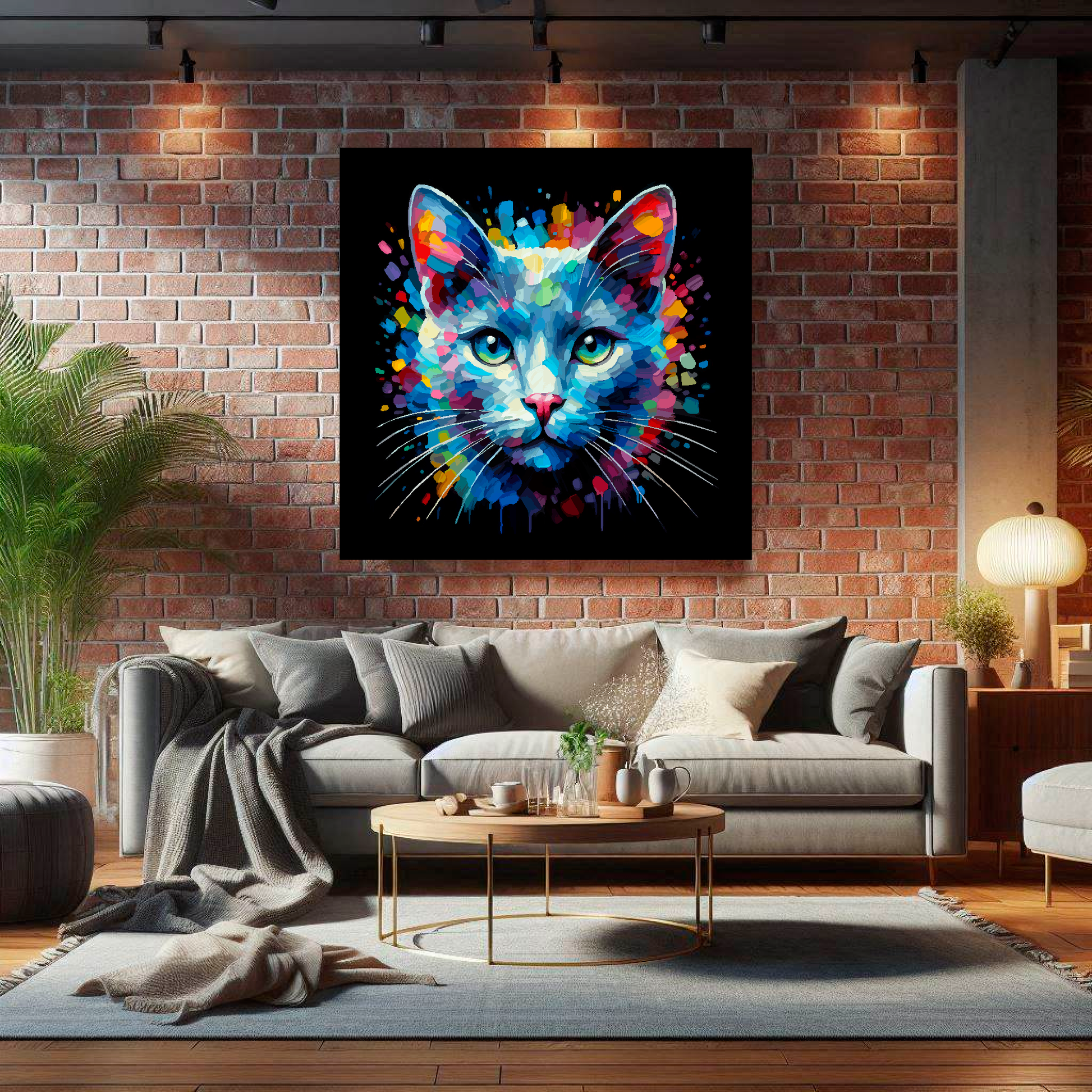 Large Russian Blue cat canvas on brick wall above grey sofa - bold cat portrait UK living room