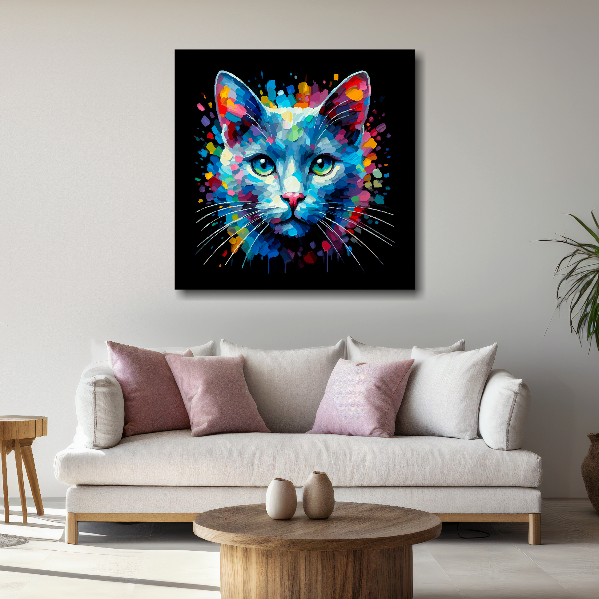 Large Russian Blue cat canvas above white sofa - vibrant abstract cat portrait wall art UK