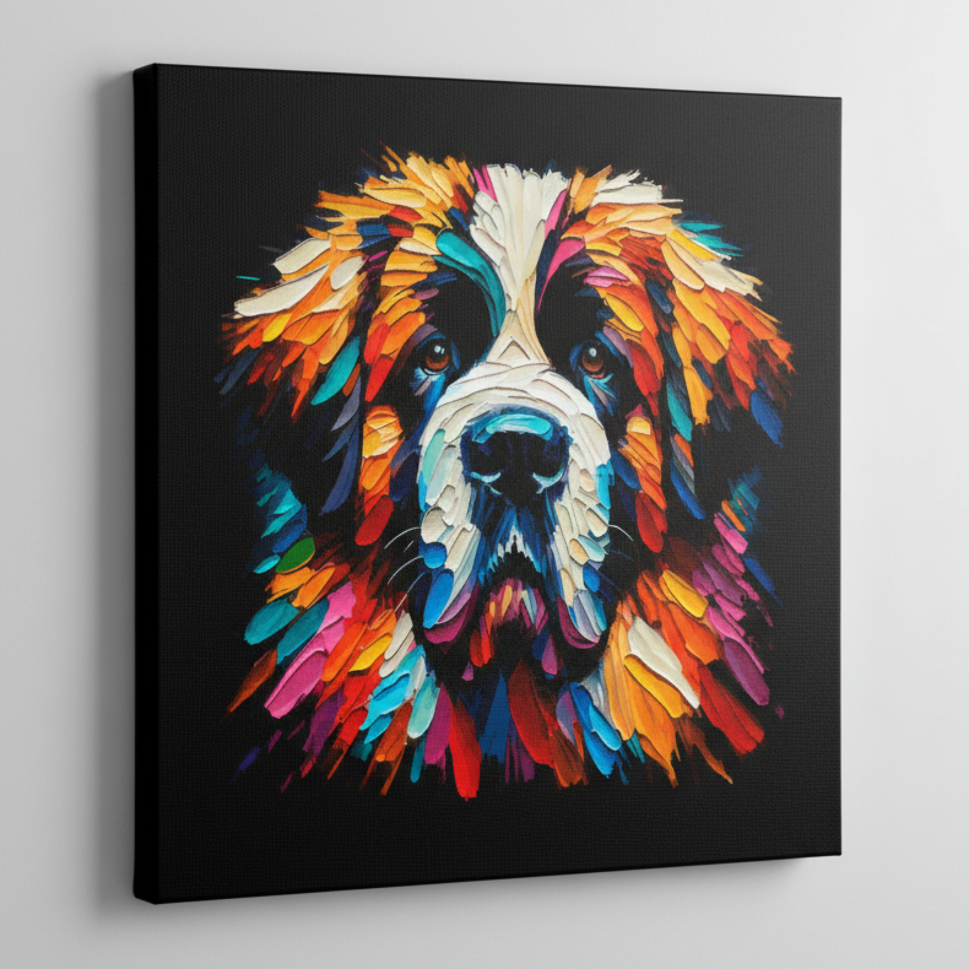 Colourful Saint Bernard dog portrait canvas print - UK made abstract pet wall art black background