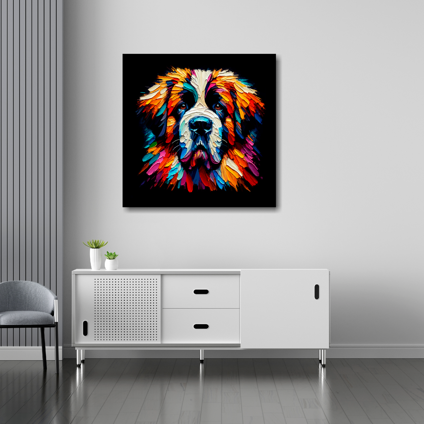 Saint Bernard canvas 30x30 inches above sideboard - large colourful dog portrait UK made