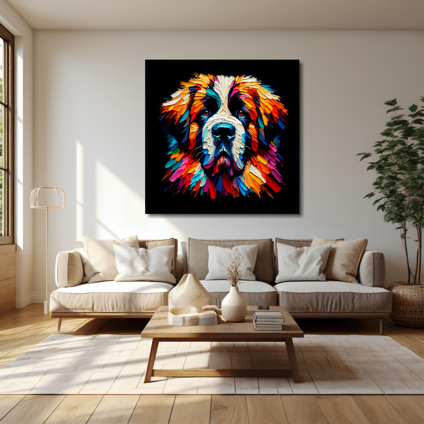 Saint Bernard canvas 40x40 inches above cream sofa - XL vibrant dog wall art UK