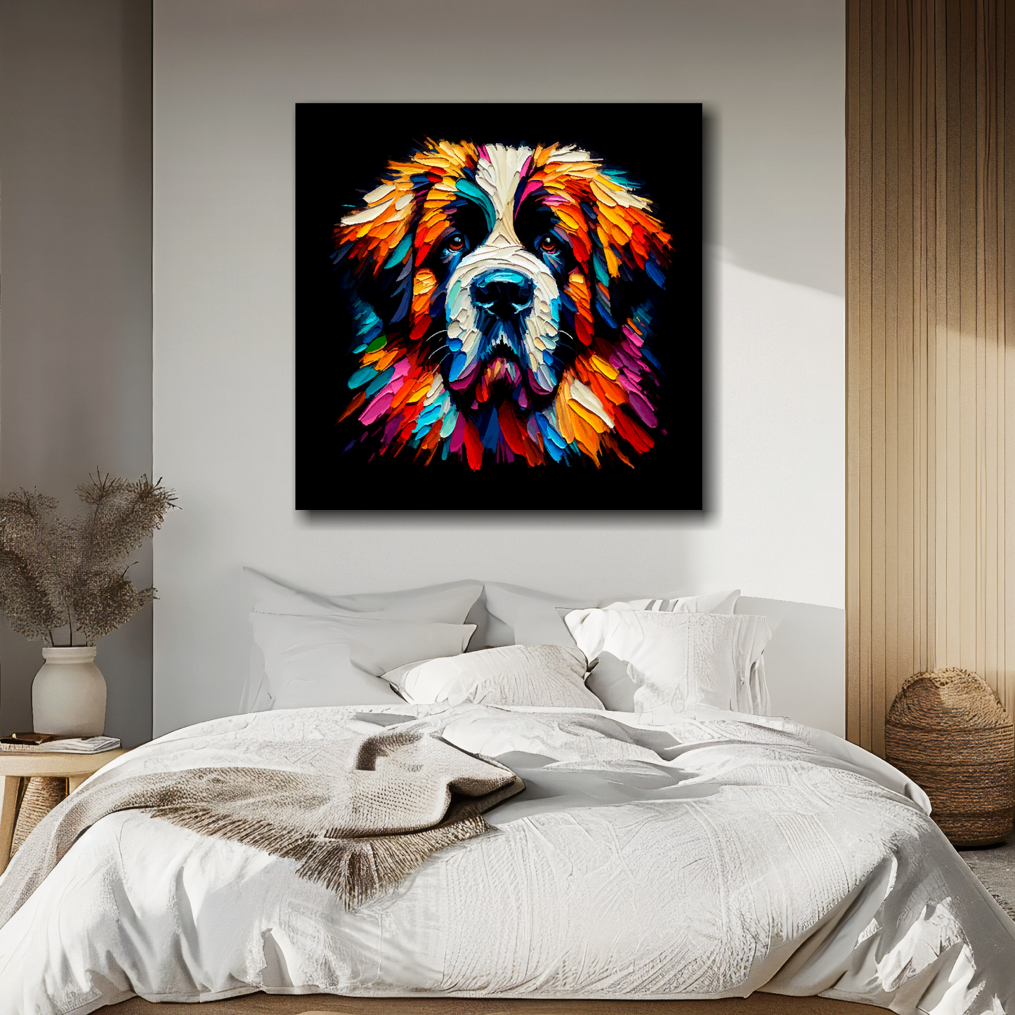 Saint Bernard portrait canvas above bed - colourful dog wall decor for UK bedrooms