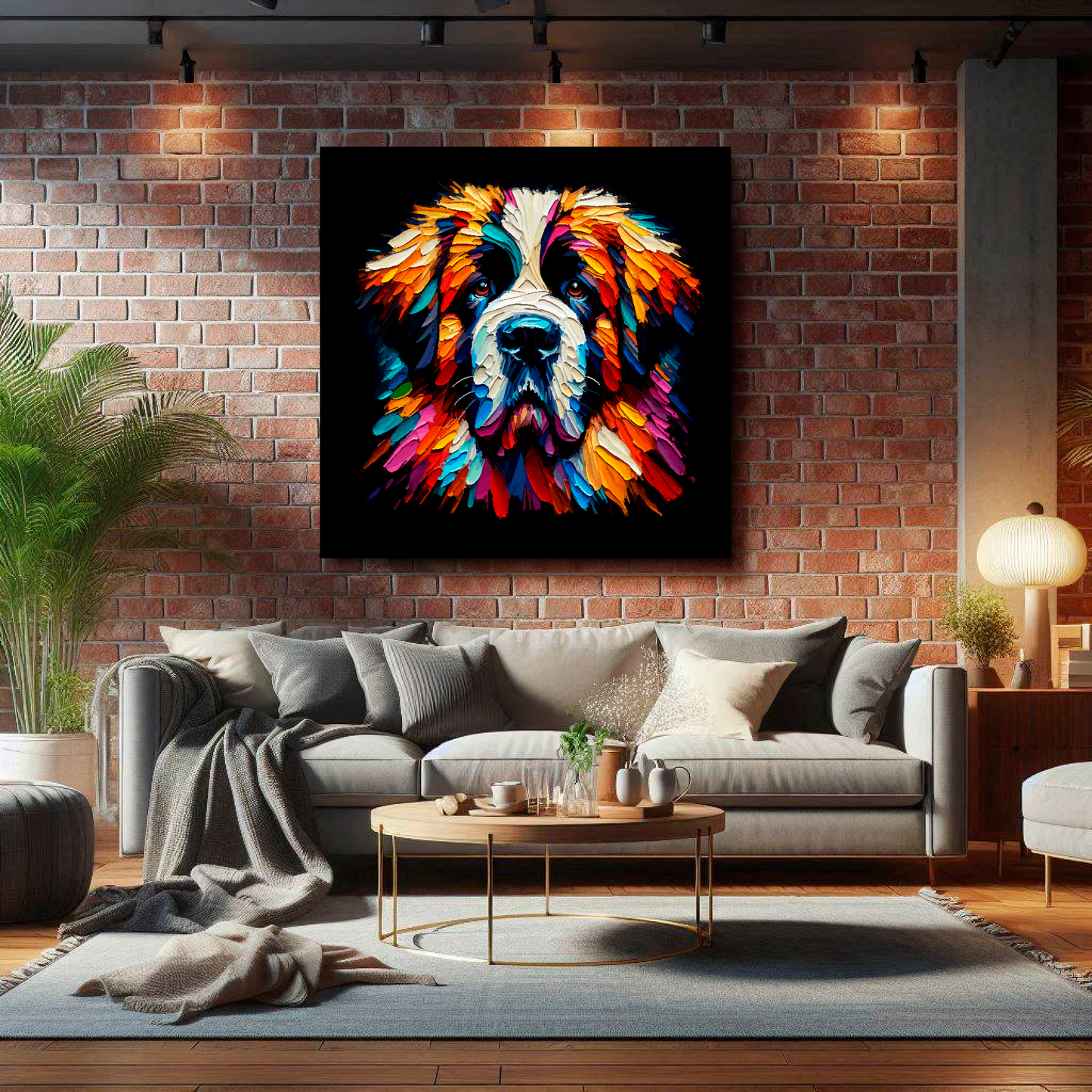 Large Saint Bernard canvas on brick wall above grey sofa - bold dog portrait UK living room