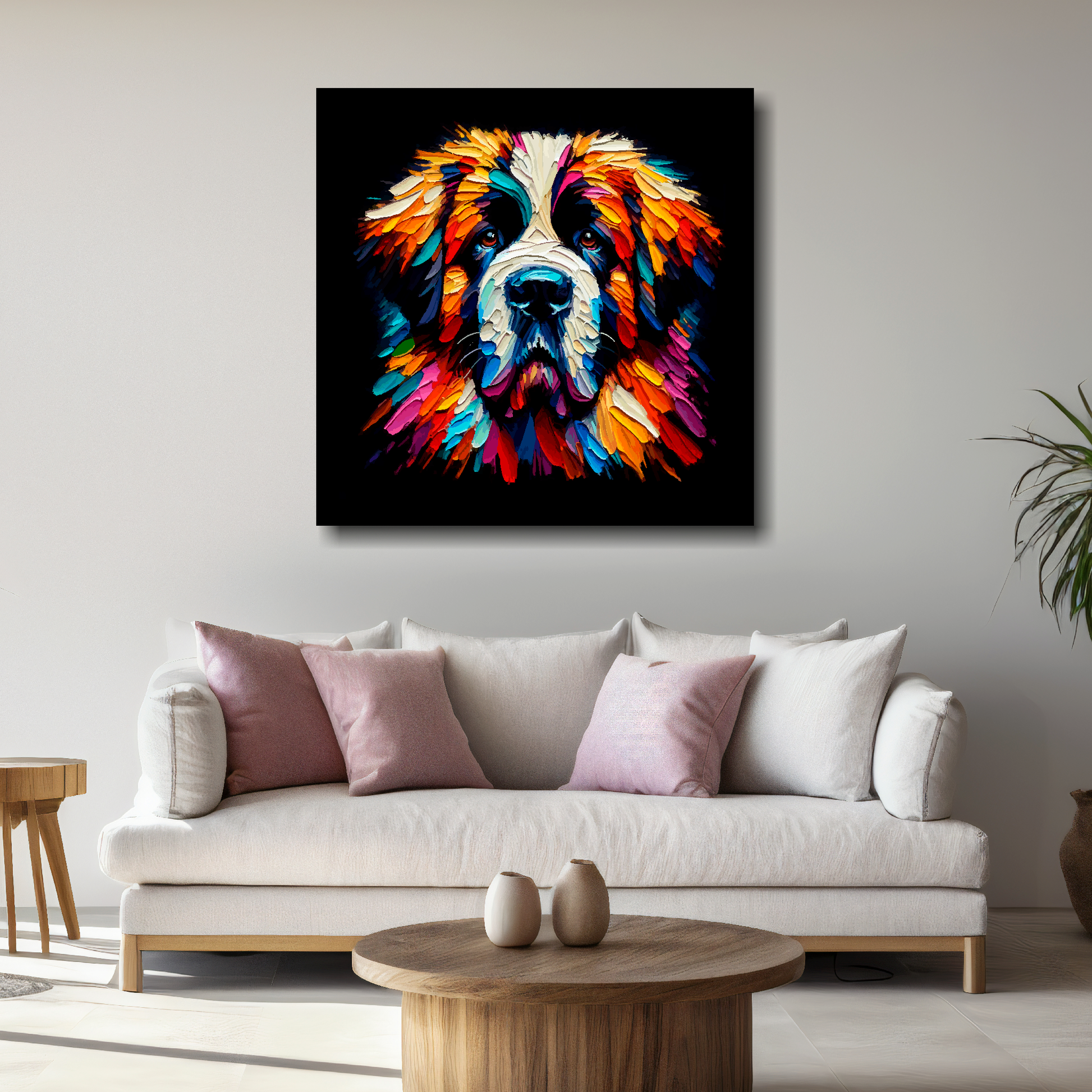 Large Saint Bernard canvas above white sofa - vibrant abstract dog portrait wall art UK