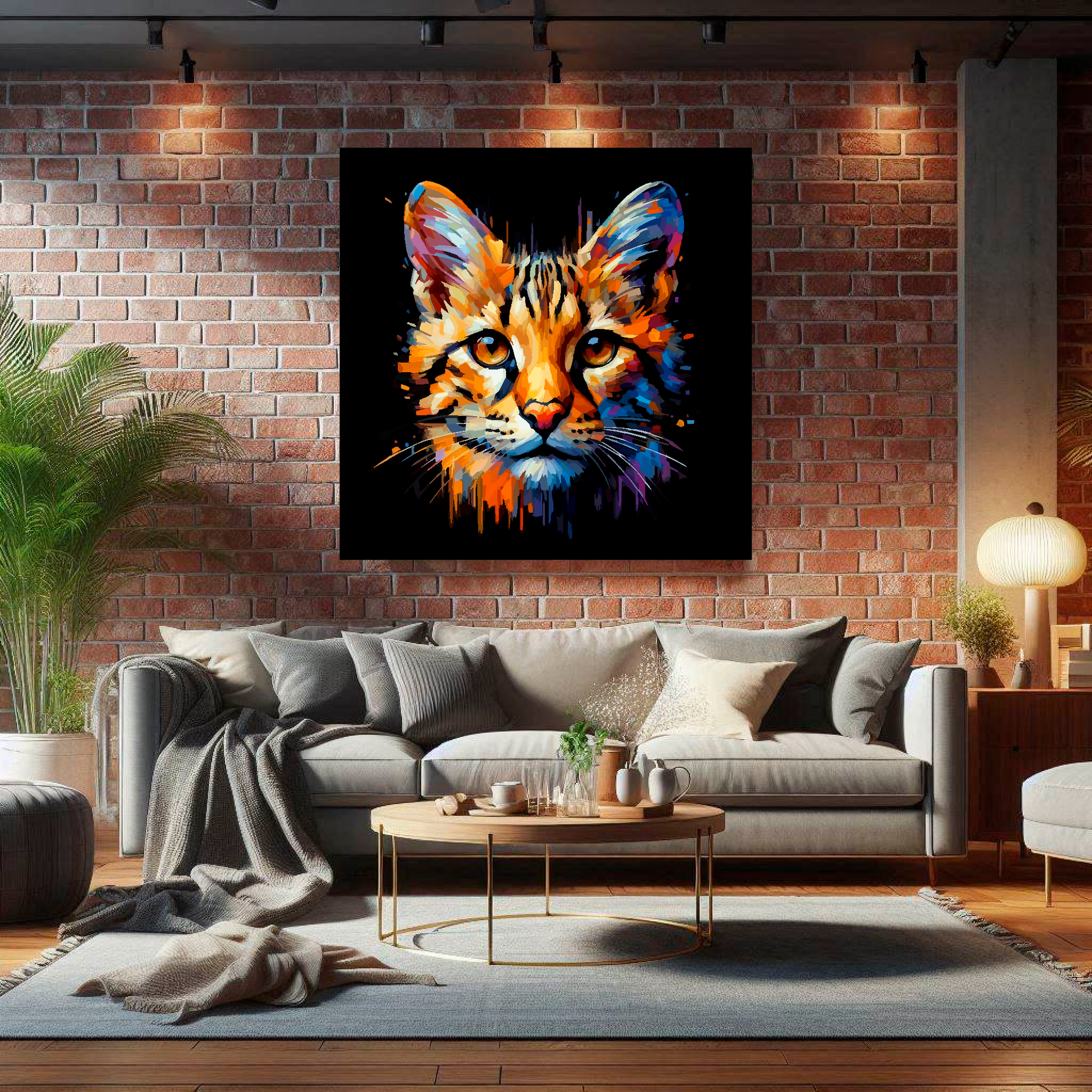 Large Savannah cat canvas on brick wall above grey sofa - bold cat portrait UK living room