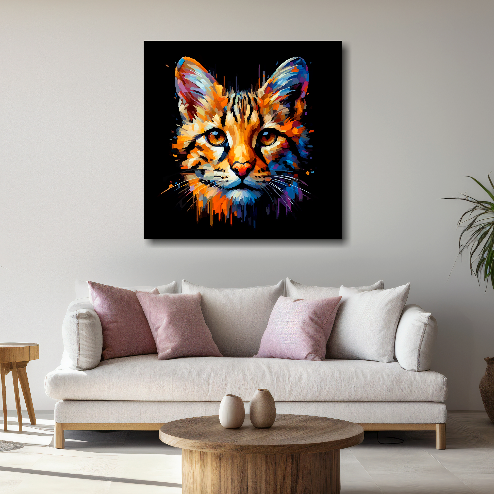 Large Savannah cat canvas above white sofa - vibrant abstract cat portrait wall art UK
