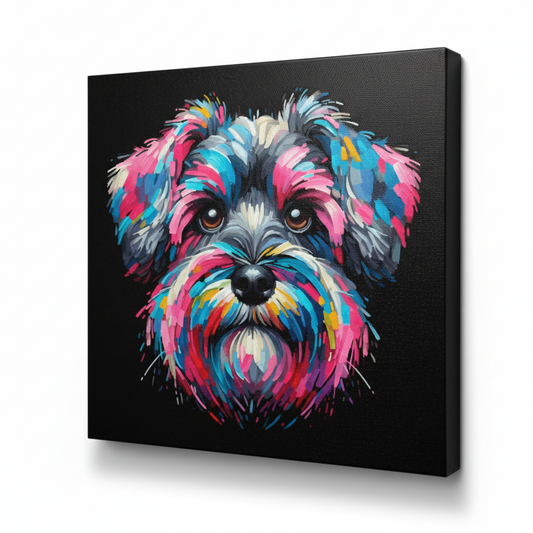 Colourful Schnoodle dog portrait canvas print - UK made abstract pet wall art black background