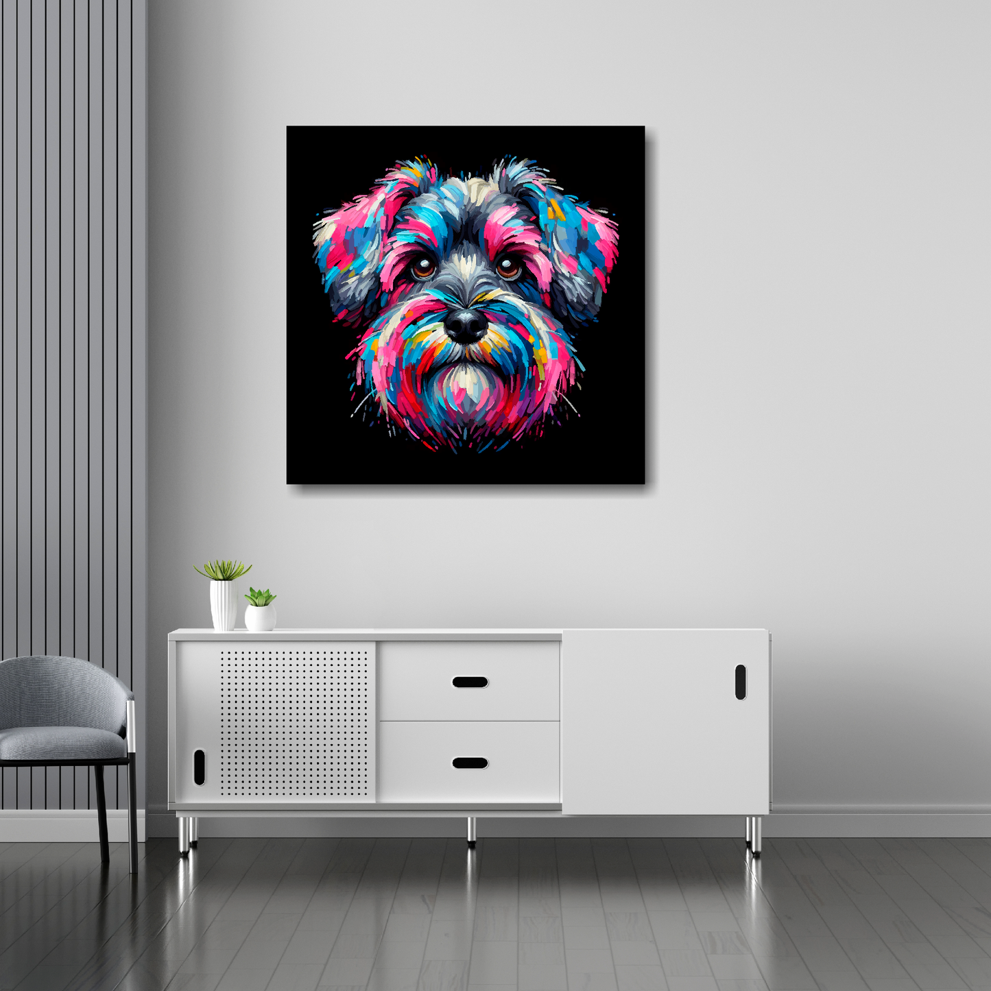 Schnoodle canvas 30x30 inches above sideboard - large colourful dog portrait UK made