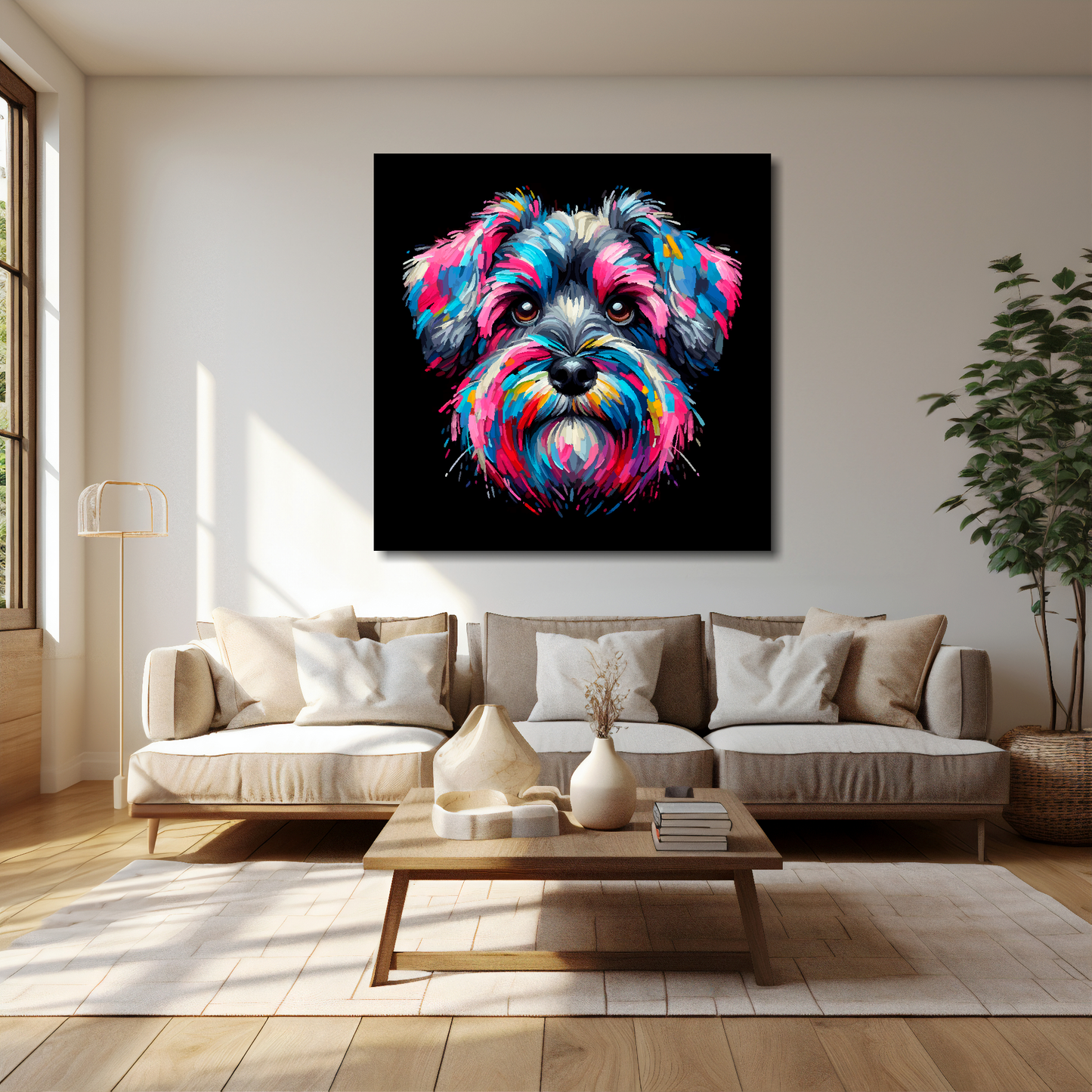 Schnoodle canvas 40x40 inches above cream sofa - XL vibrant dog wall art UK