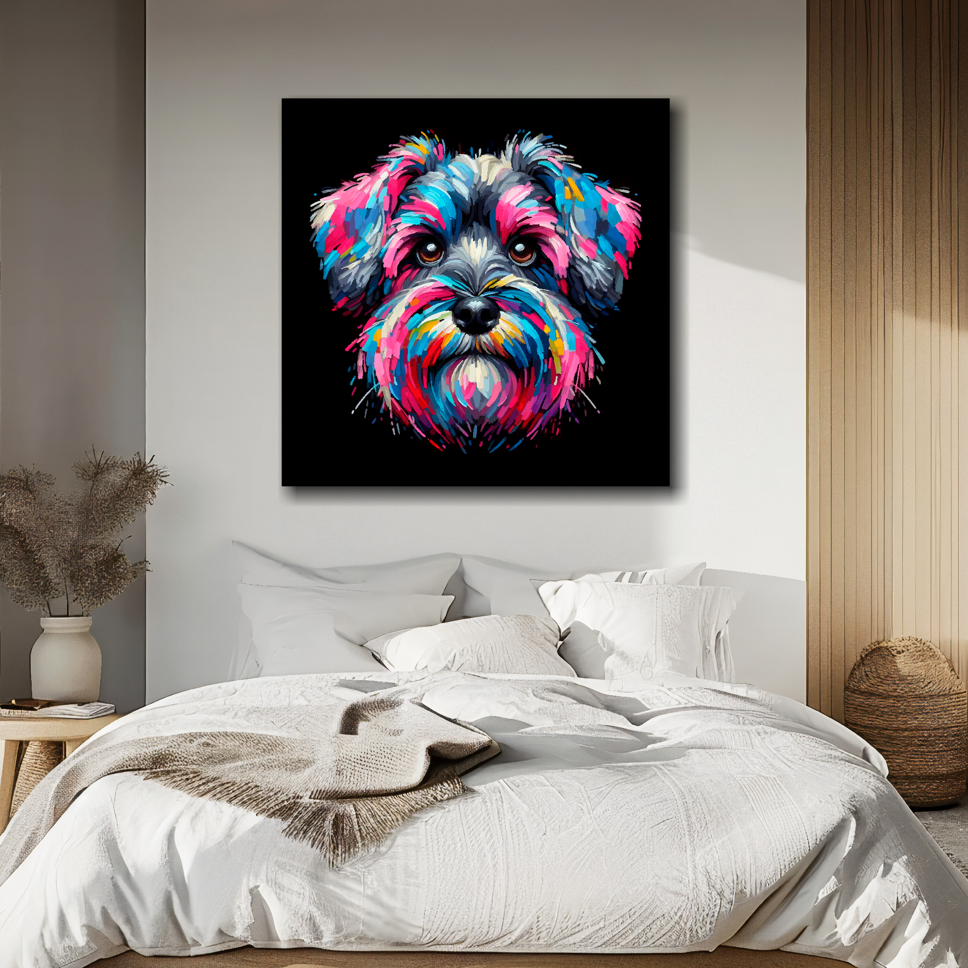 Schnoodle portrait canvas above bed - colourful dog wall decor for UK bedrooms