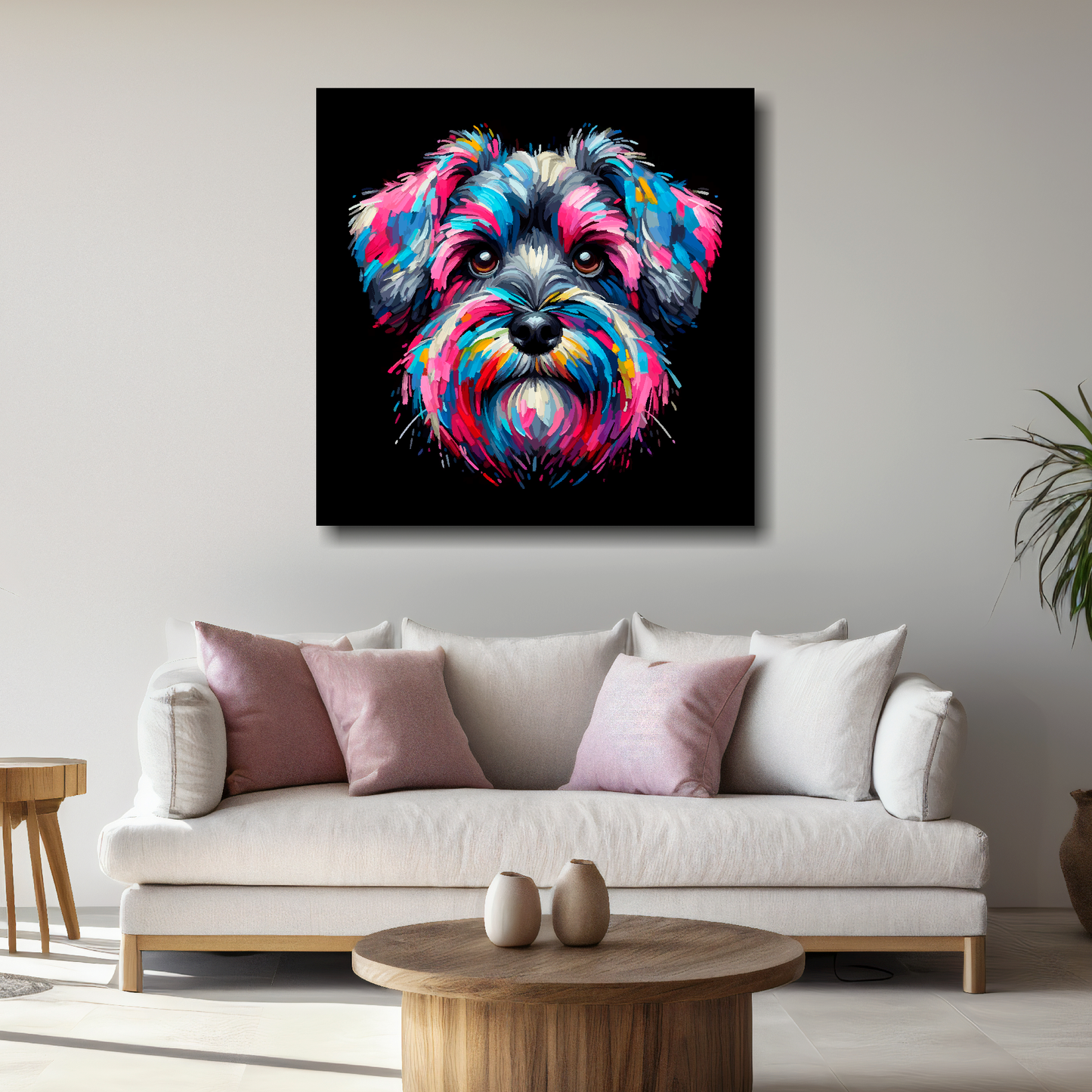 Large Schnoodle canvas above white sofa - vibrant abstract dog portrait wall art UK