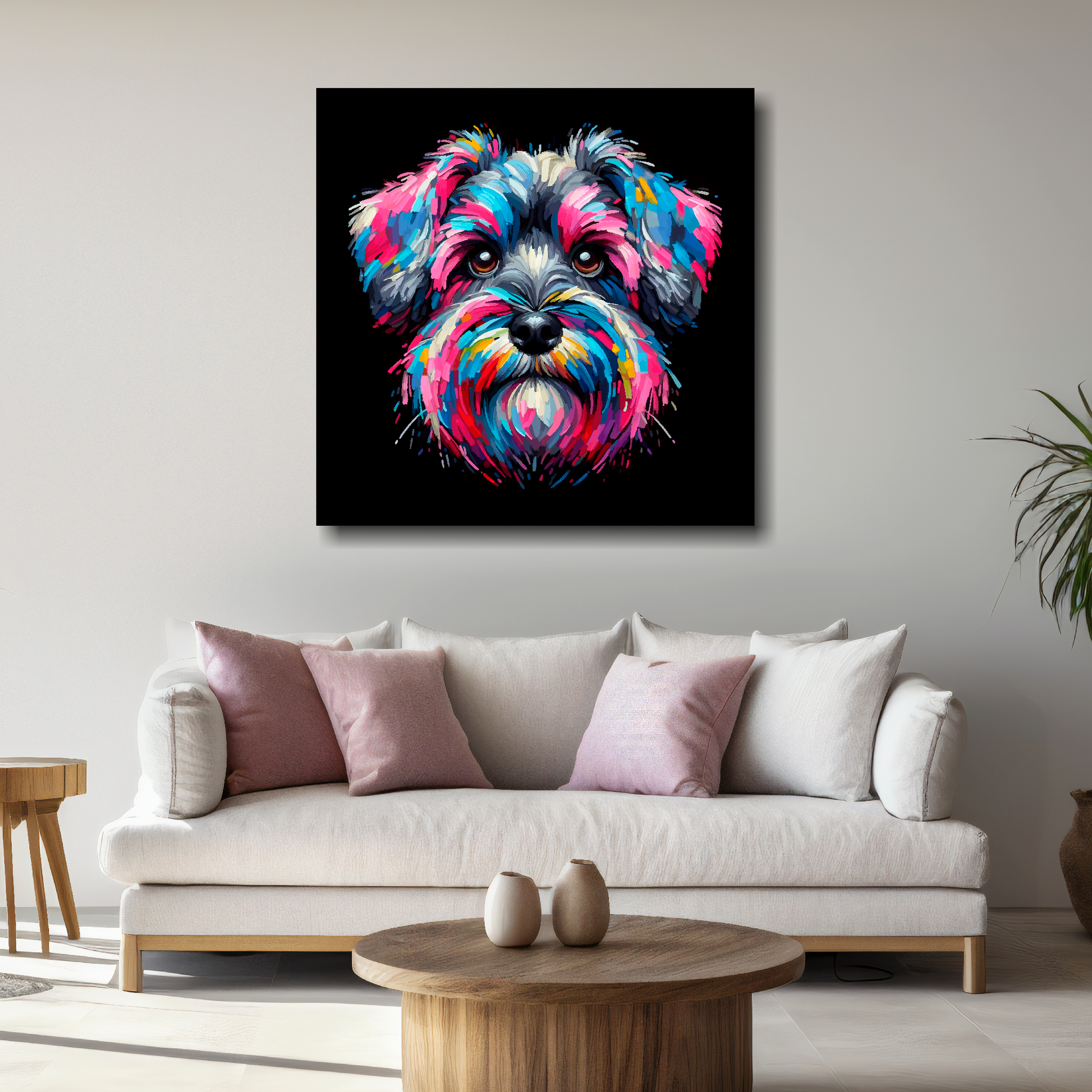 Large Schnoodle canvas above white sofa - vibrant abstract dog portrait wall art UK
