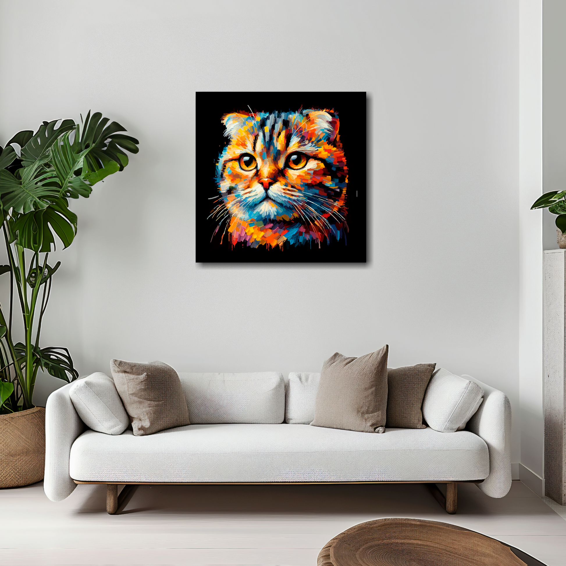 Scottish Fold cat canvas 20x20 inches above white sofa - vibrant cat portrait wall art UK