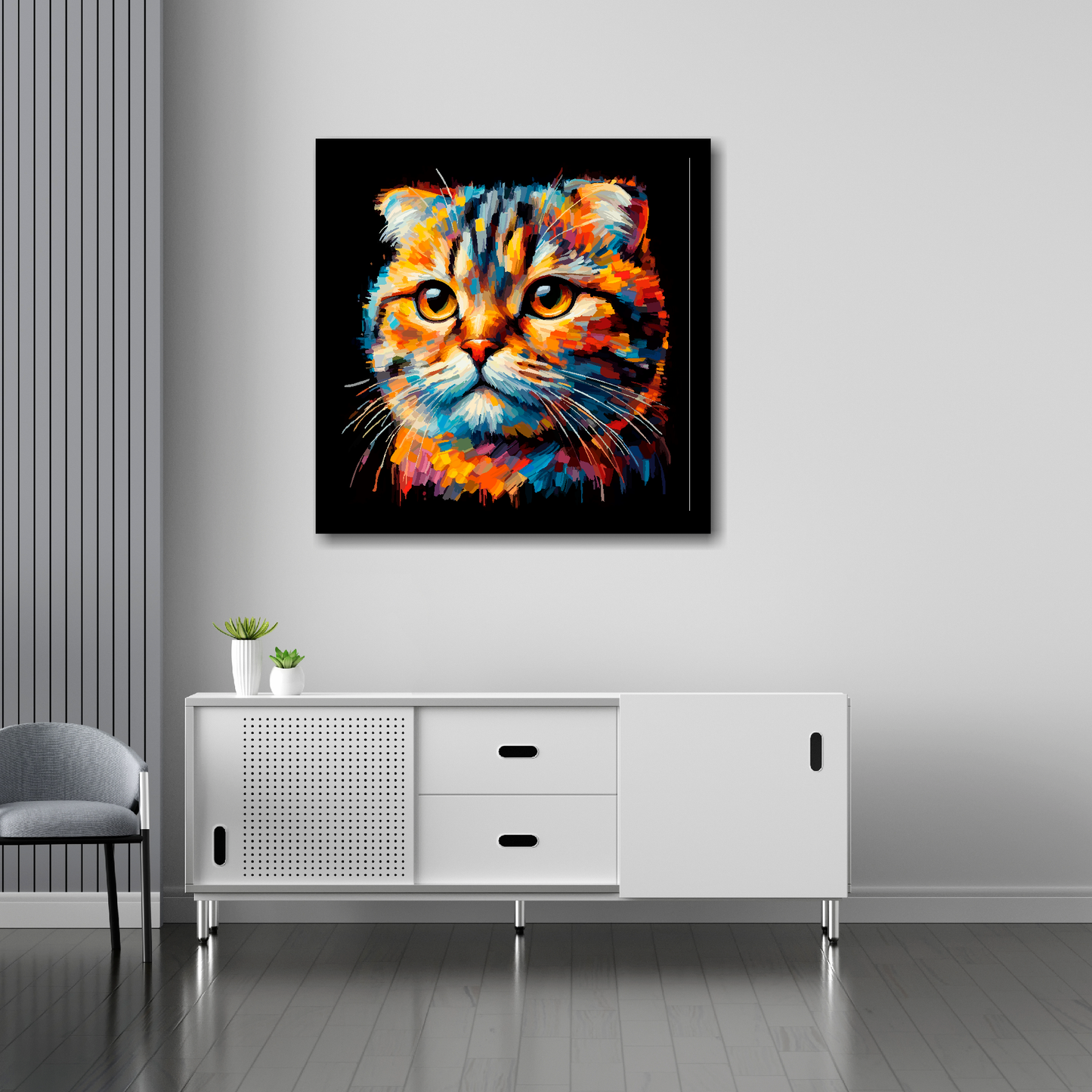 Scottish Fold cat canvas 30x30 inches above sideboard - large colourful cat portrait UK made