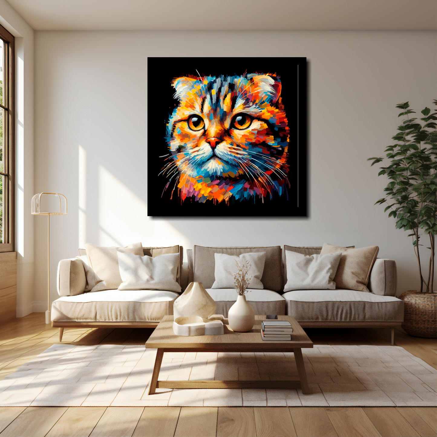 Scottish Fold cat canvas 40x40 inches above cream sofa - XL vibrant cat wall art UK