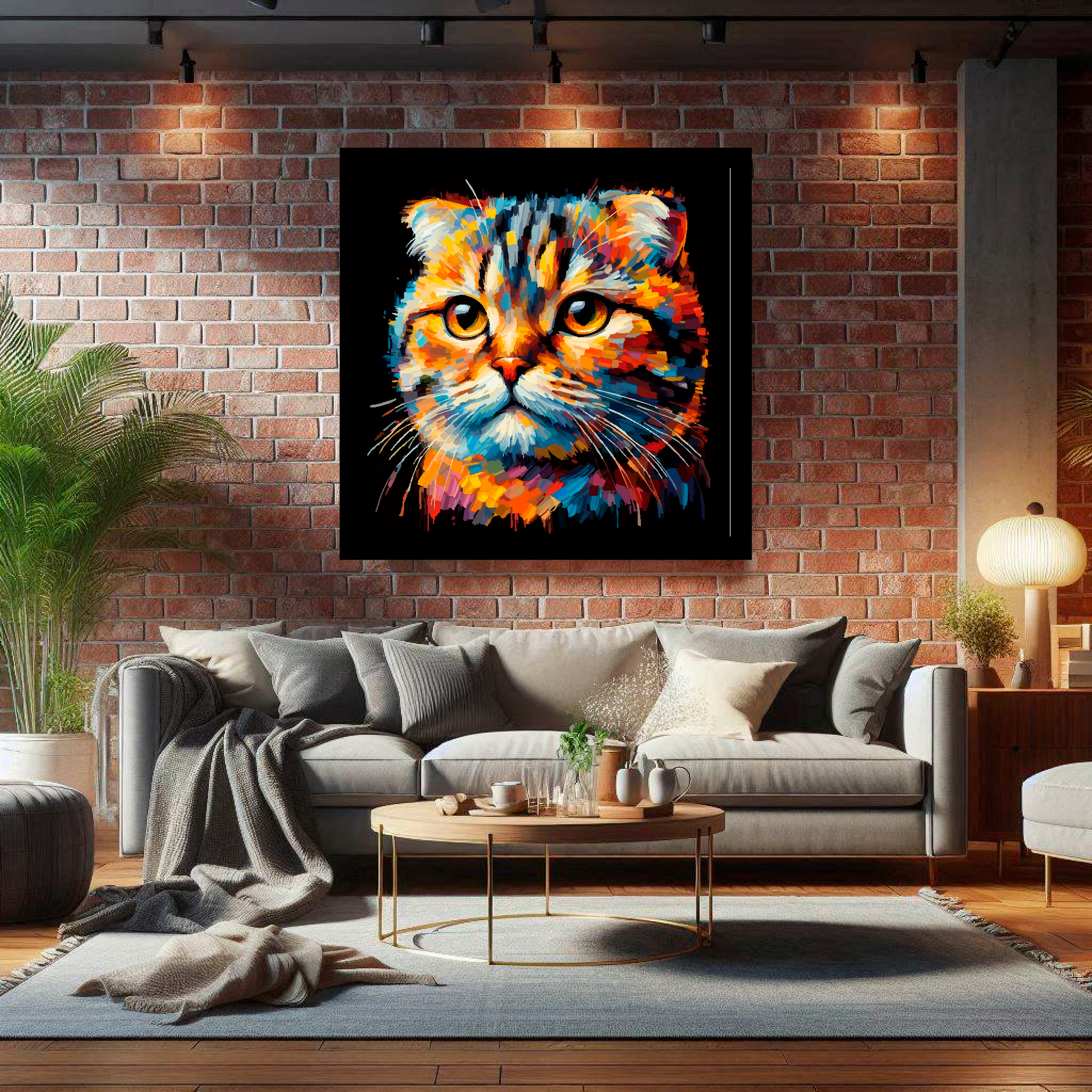 Large Scottish Fold cat canvas on brick wall above grey sofa - bold cat portrait UK living room