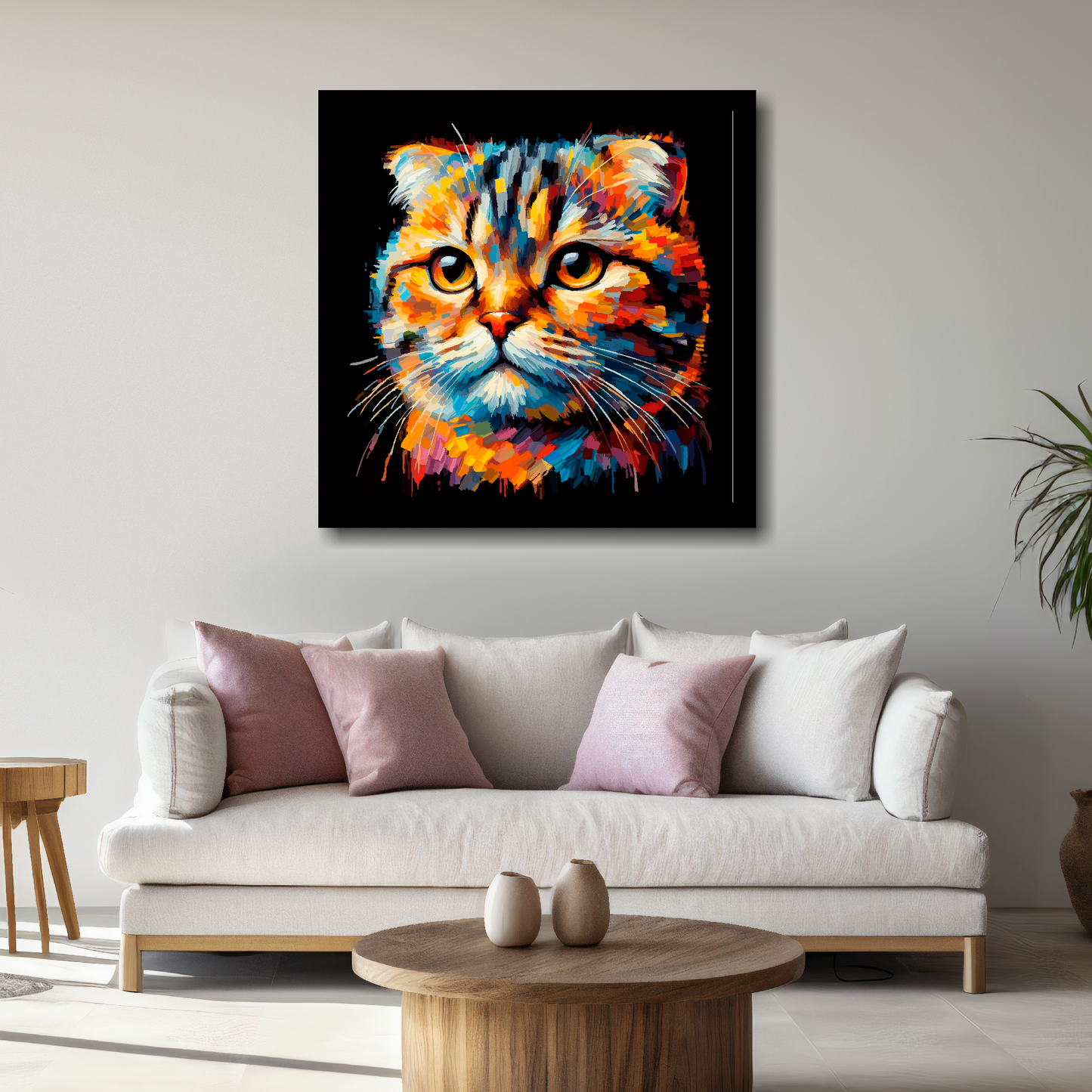 Large Scottish Fold cat canvas above white sofa - vibrant abstract cat portrait wall art UK