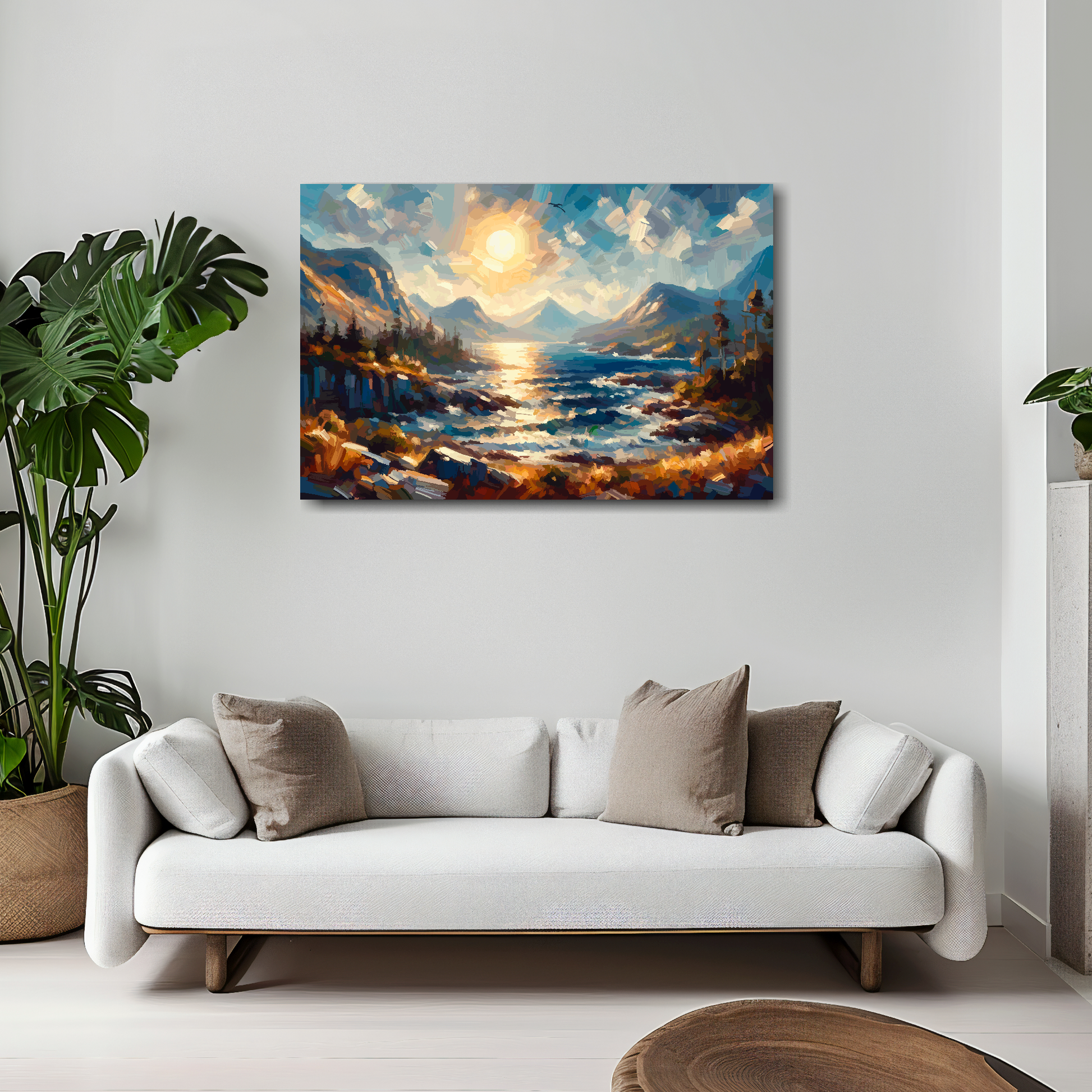 Scottish Highlands canvas 30x20 inches above white sofa - vibrant Scottish scenery wall art UK