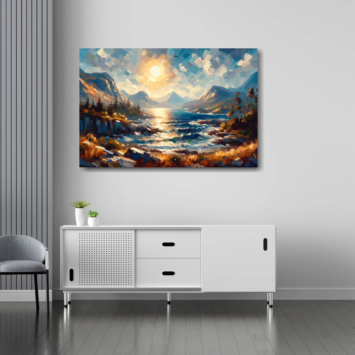 Scottish Highlands canvas 36x24 inches above sideboard - large colourful Scottish scenery art UK made