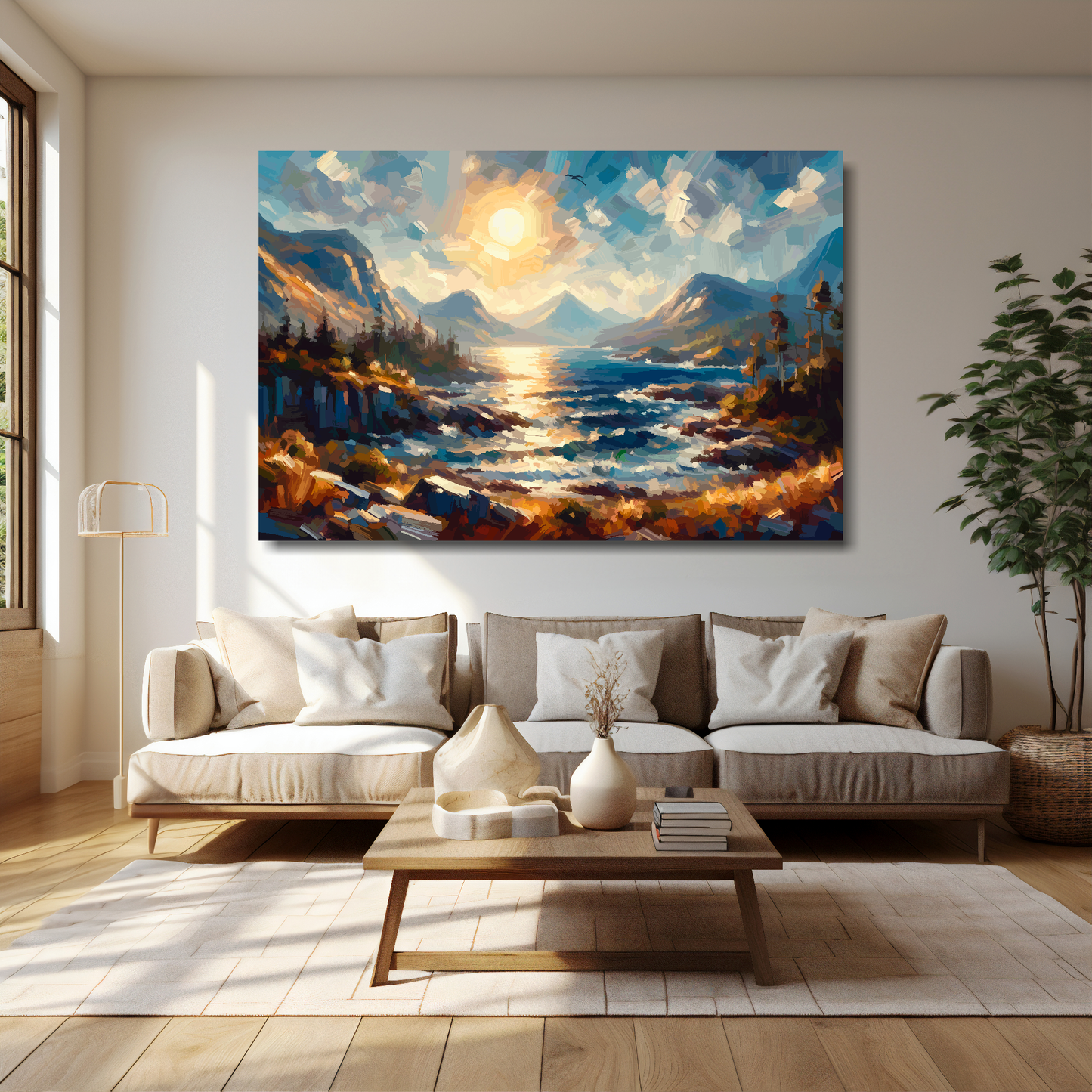 Scottish Highlands canvas 60x40 inches above cream sofa - XL vibrant Scottish scenery wall art UK
