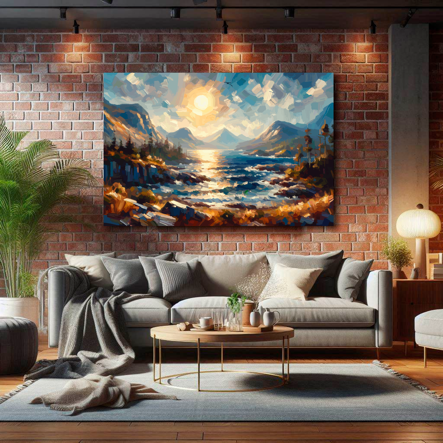 Large Scottish Highlands canvas on brick wall above grey sofa - bold Scottish scenery art UK living room